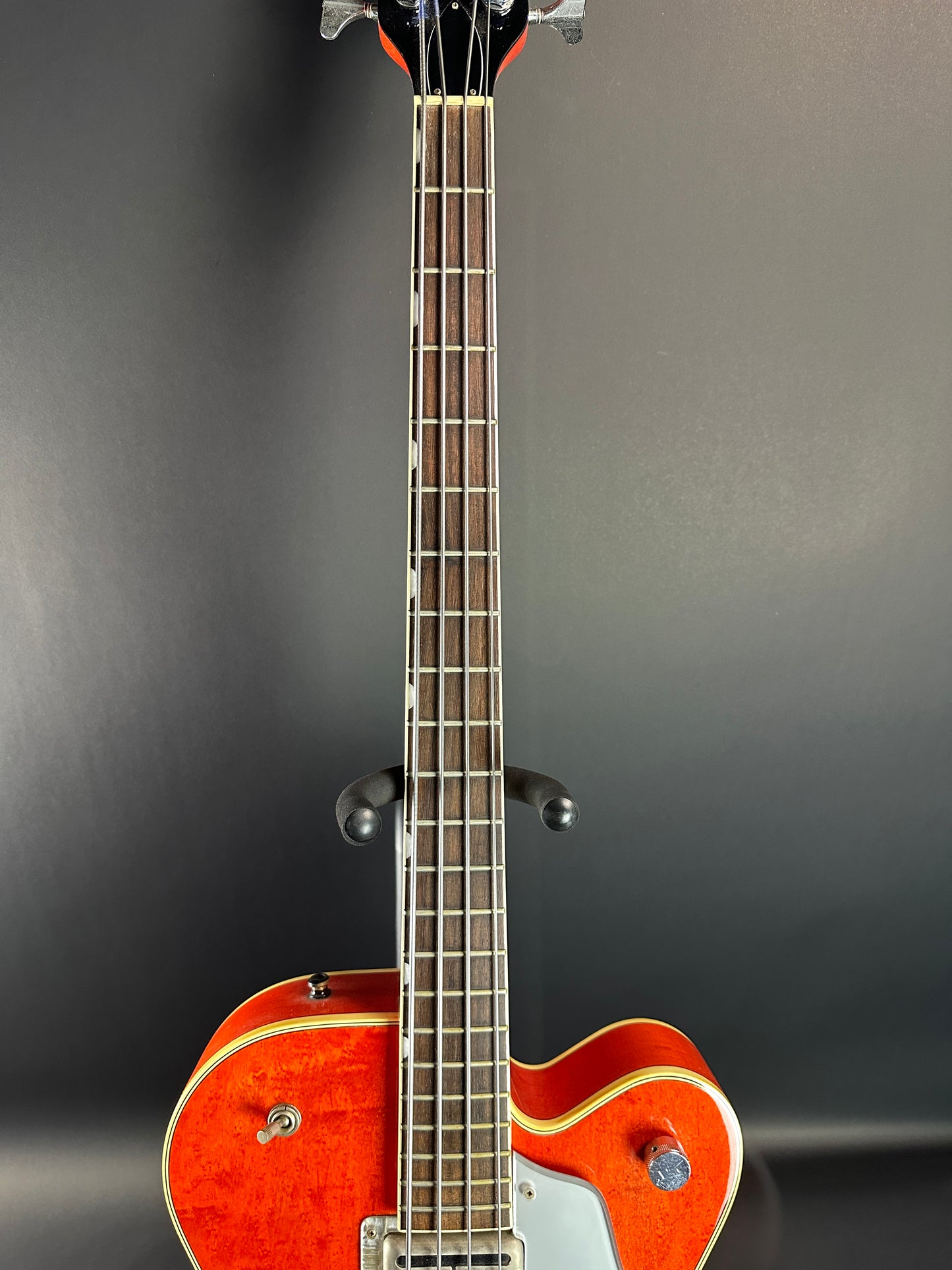 Fretboard of Used 1991 Gretsch G6119B Broadcaster Bass Orange.