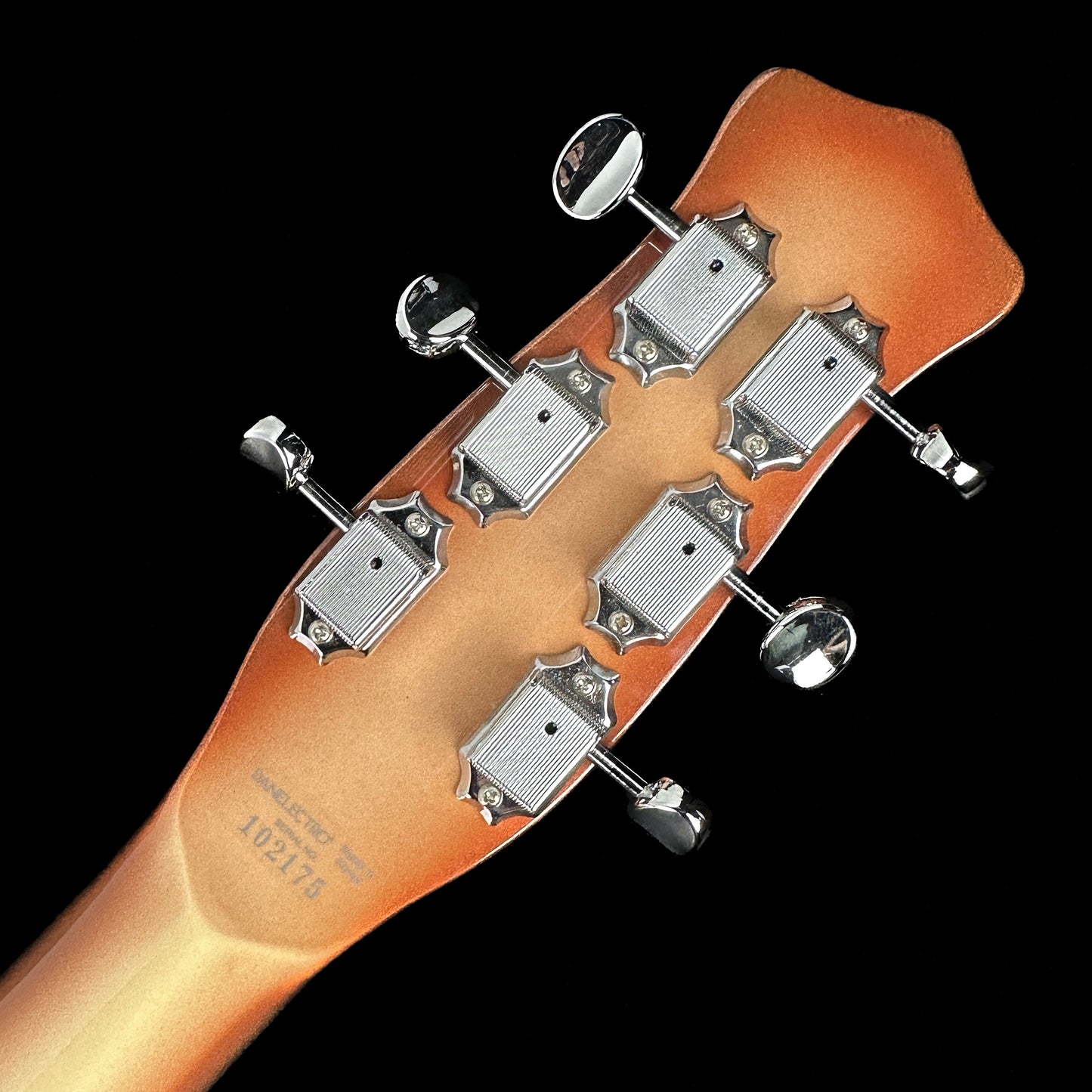 Back of headstock of Used Danelectro Longhorn Baritone.