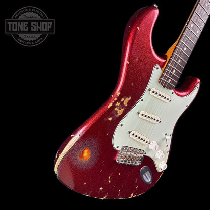 Front angle of Used Fender Custom Shop Jason Smith Masterbuilt Strat 60s Relic Red Sparkle.