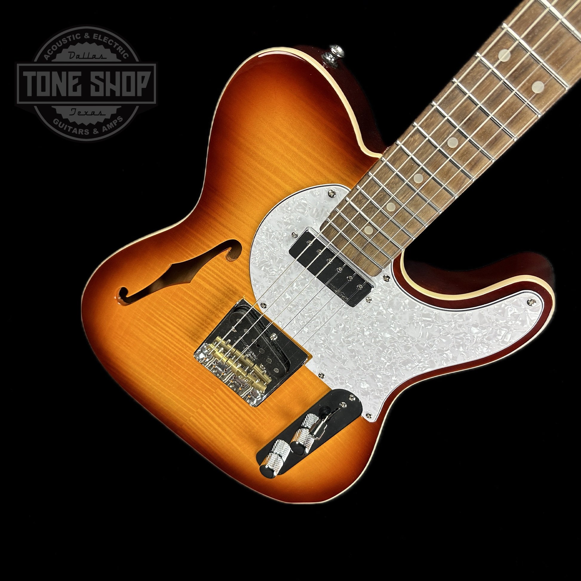 Front angle of Used Vintage V72 Thin Line Custom Spec Deluxe Flame Tobacco Burst.