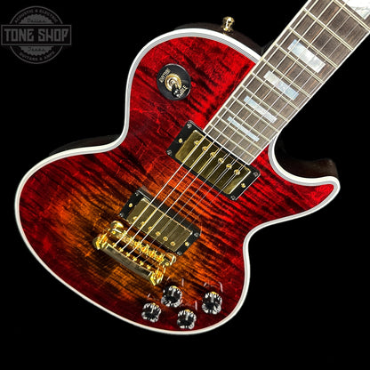 Front angle of Used Gibson Custom Shop Les Paul Axcess Custom Figured Top Bengal Burst.