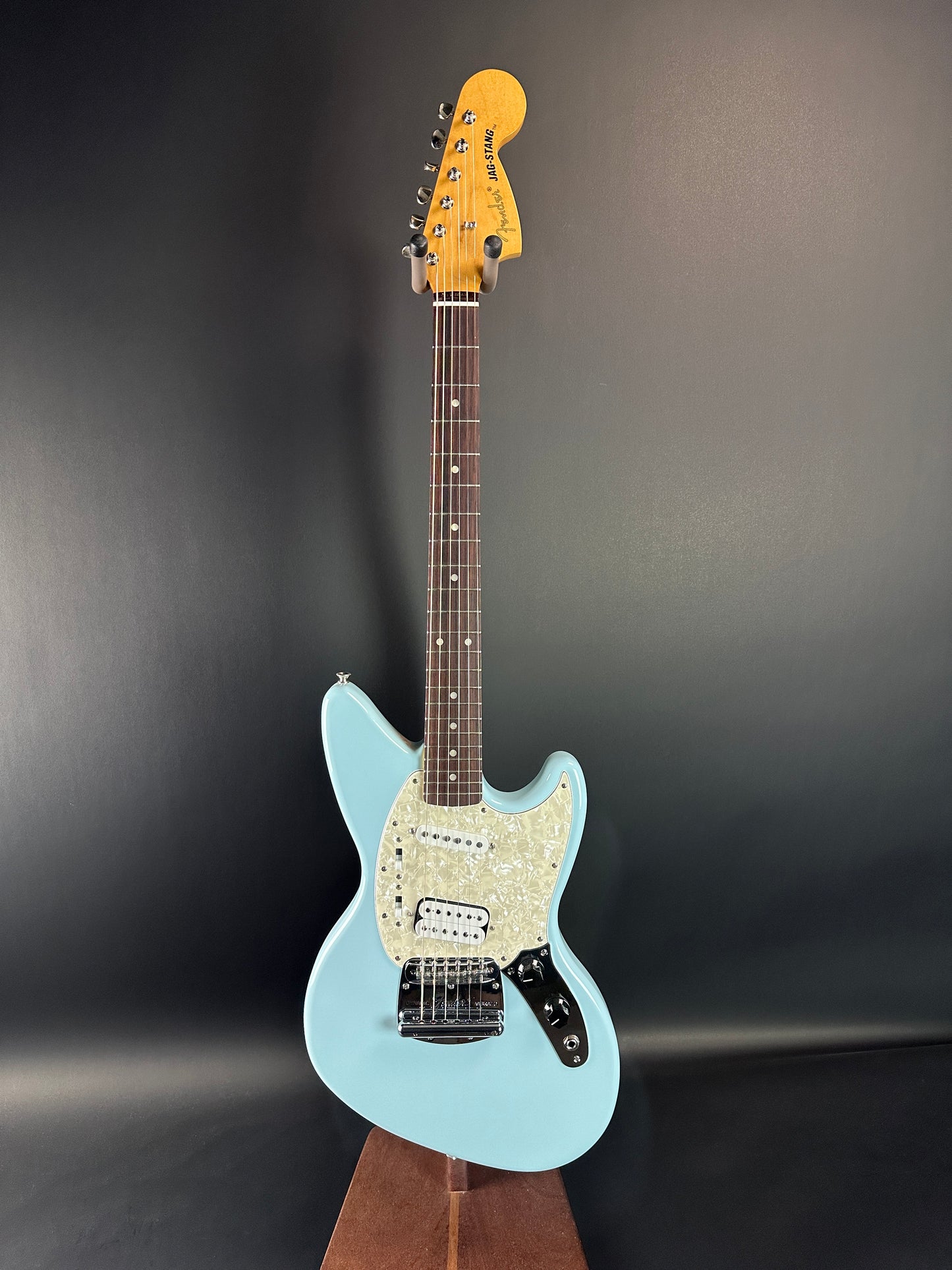 Full front of Used Fender Kurt Cobain Jagstang RW Sonic Blue.