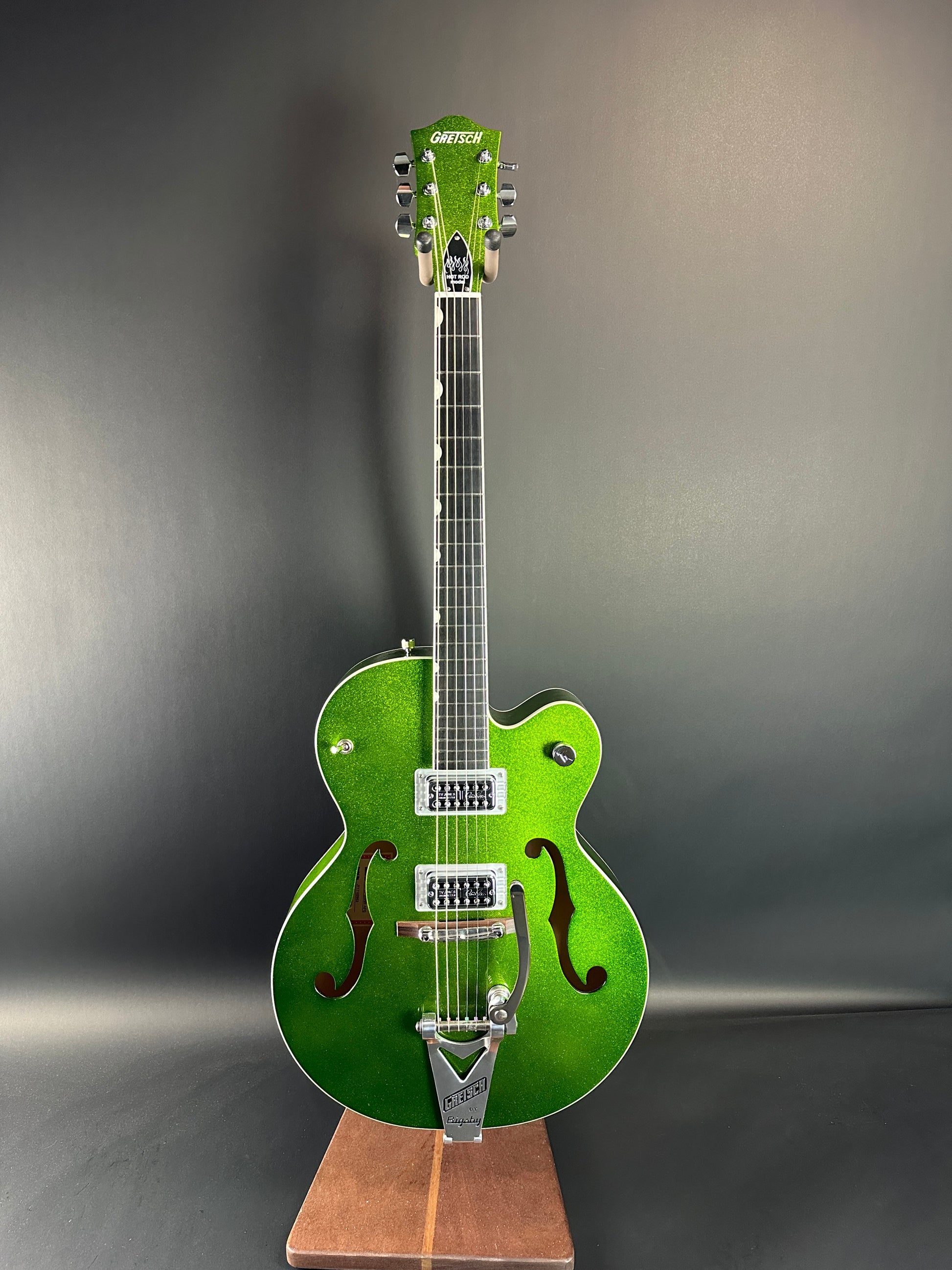 Full front of Used Gretsch G6120T Brian Setzer Signature Hot Rod Extreme Coolant Green.