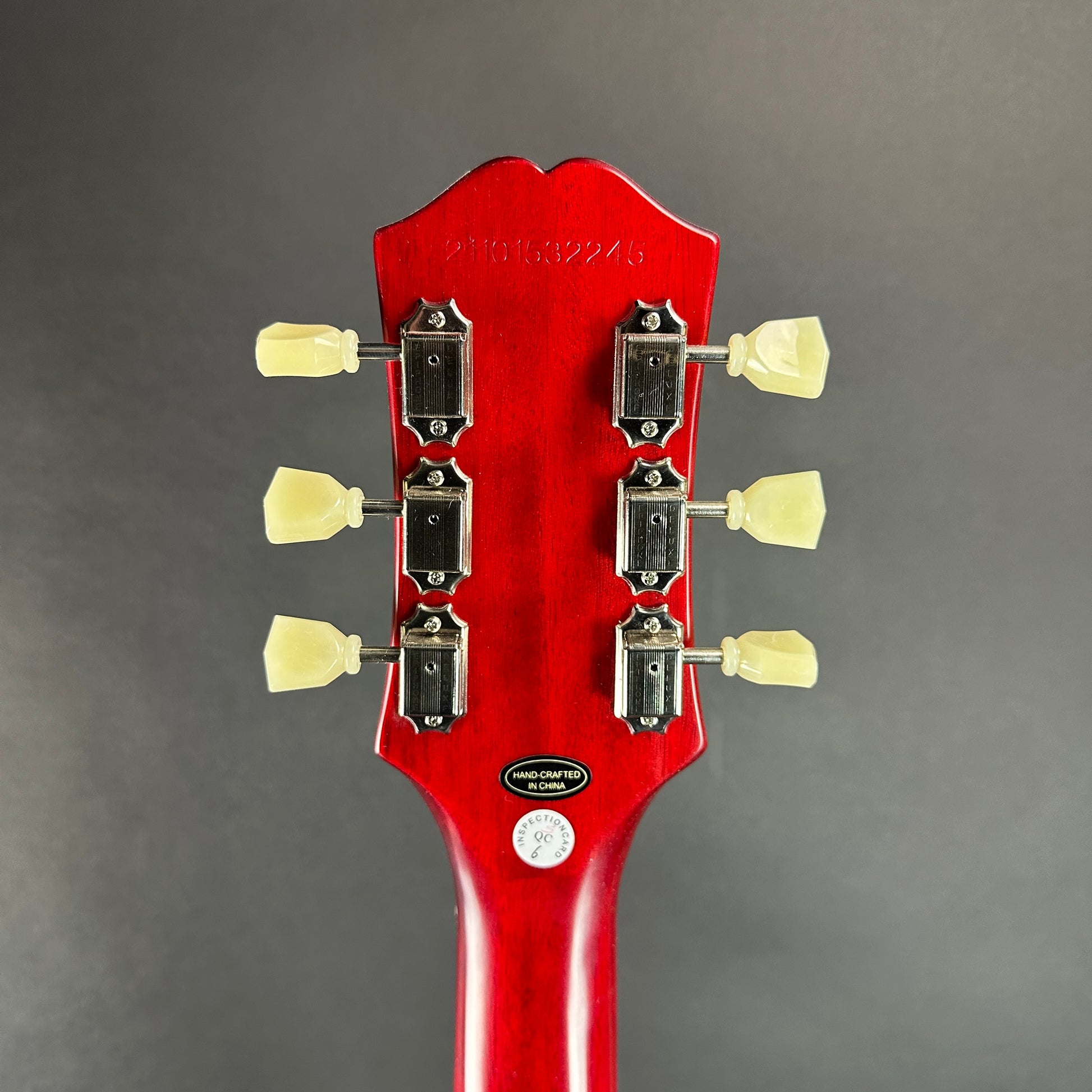 Back of headstock of Used Epiphone Limited 1959 Les Paul Standard Aged Dark Cherry Burst.