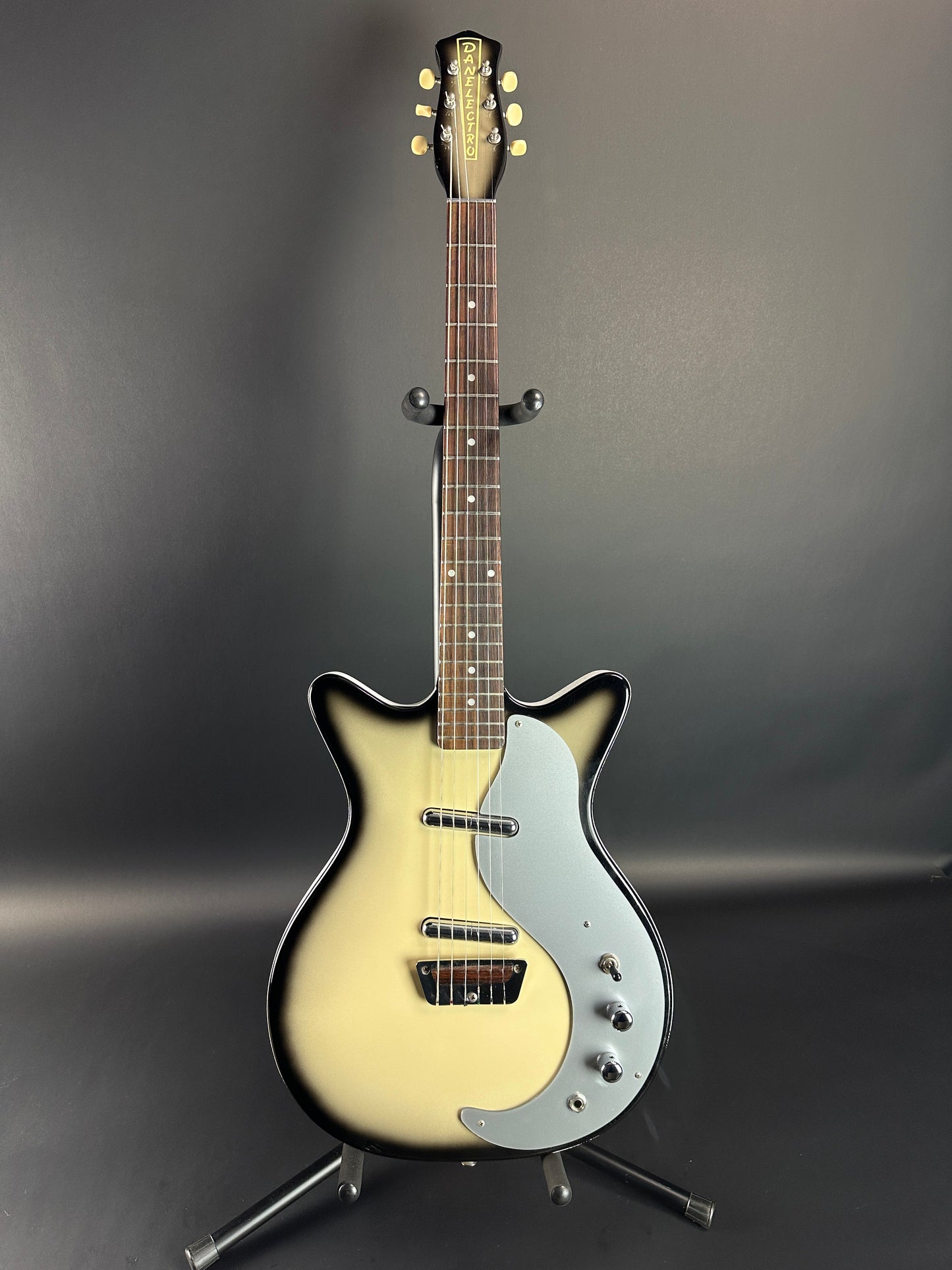 Full front of Used Danelectro '59 DC Blackburst.