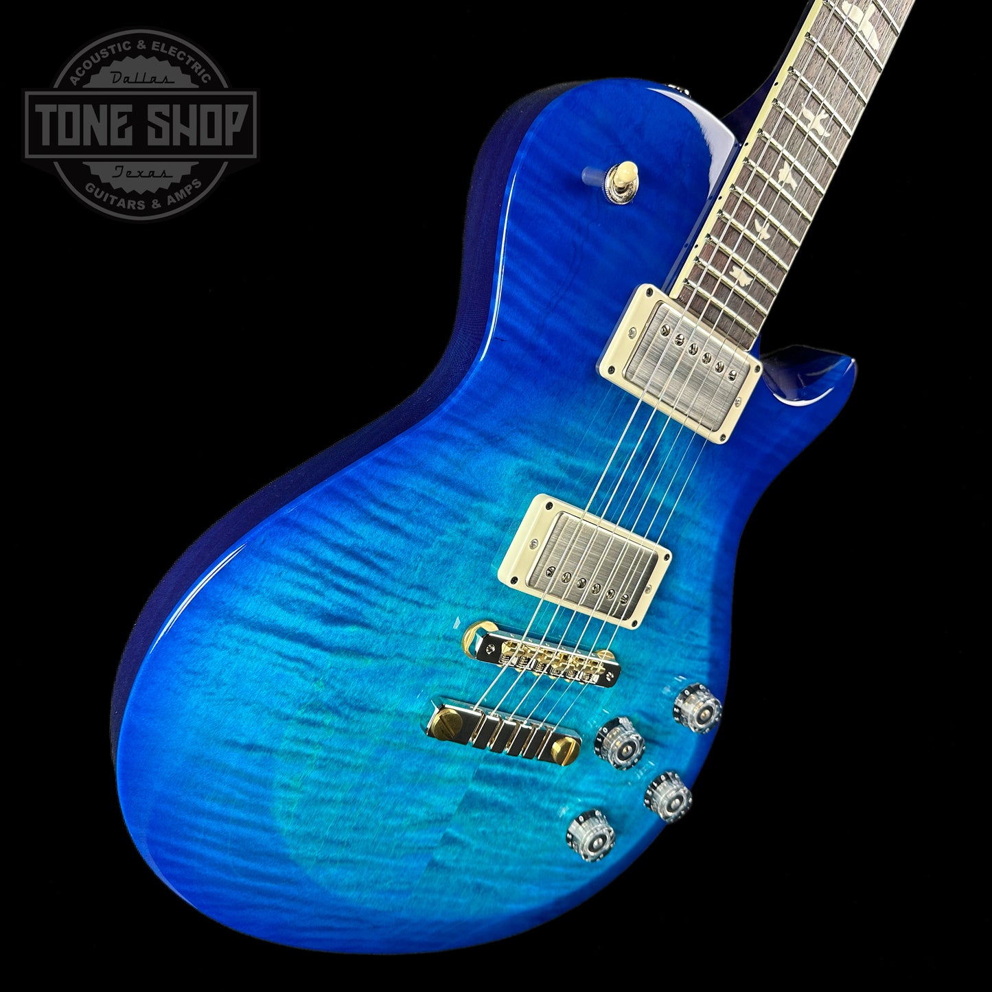 Front angle of PRS S2 McCarty 594 Singlecut Lake Blue.