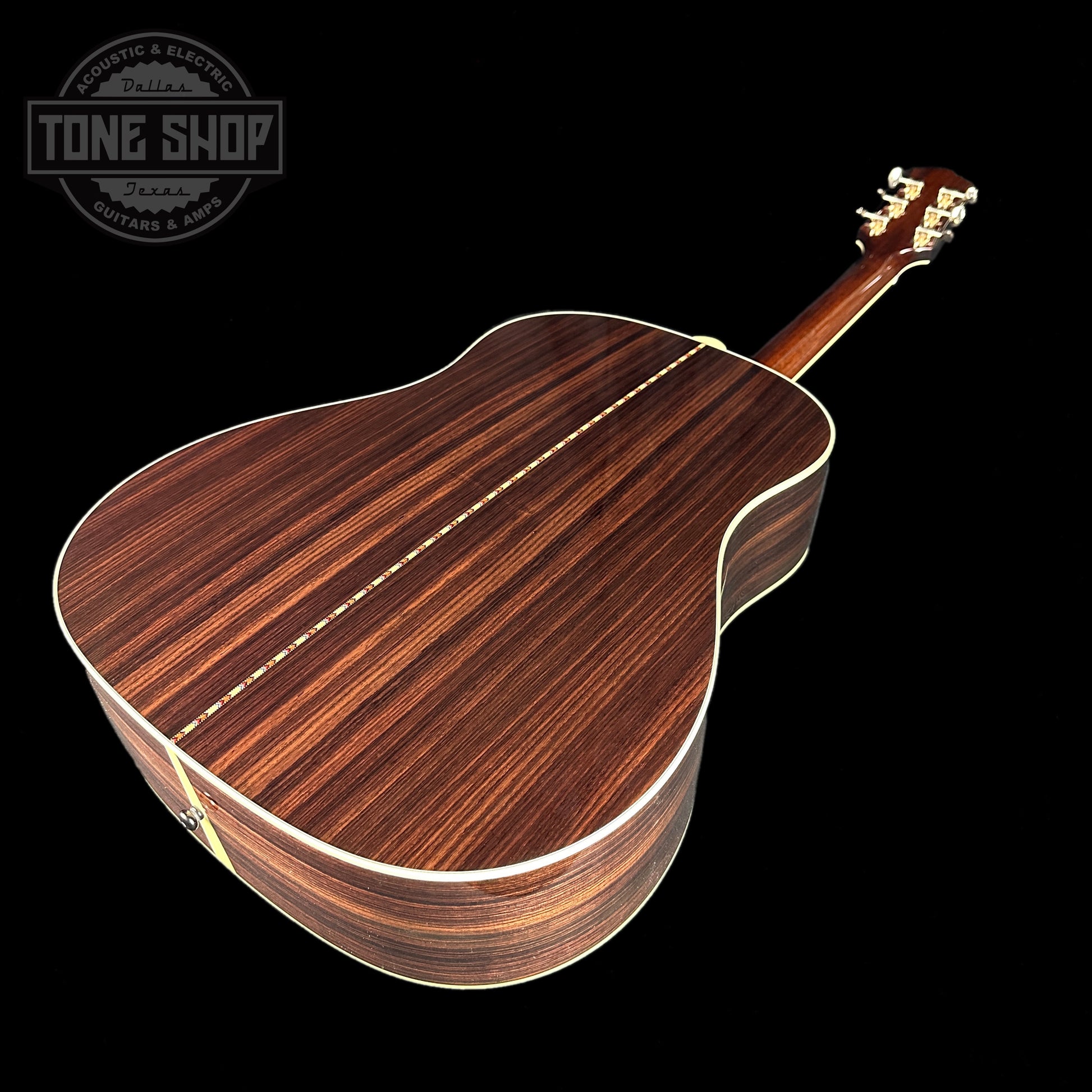 Back angle of Collings CJ Rosewood Tigerstripe Pickguard Sunburst.