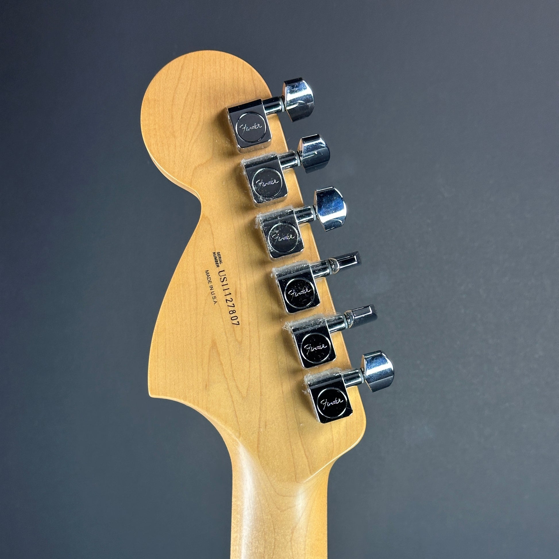 Back of headstock of Used Fender American Special Strat Burst.