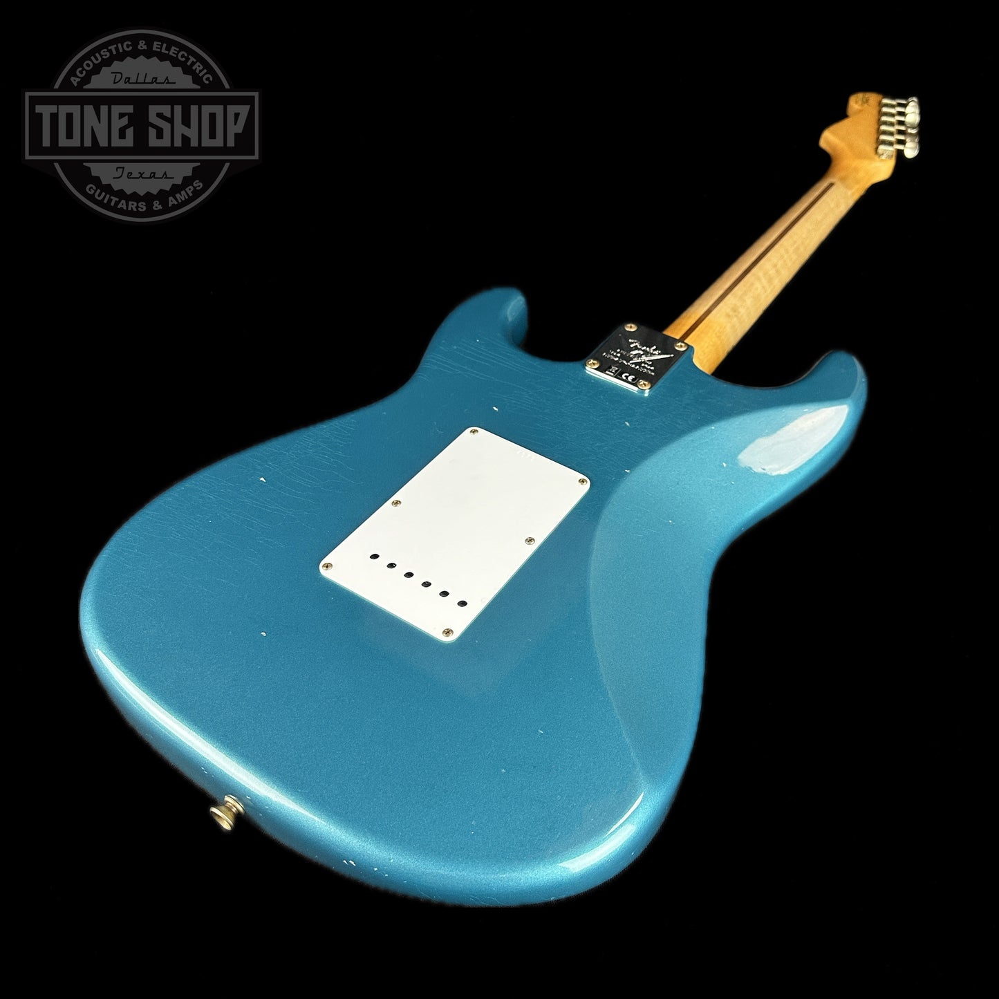 Back angle of Fender Custom Shop LTD 70th Anniversary 1954 Stratocaster Ocean Turquoise.