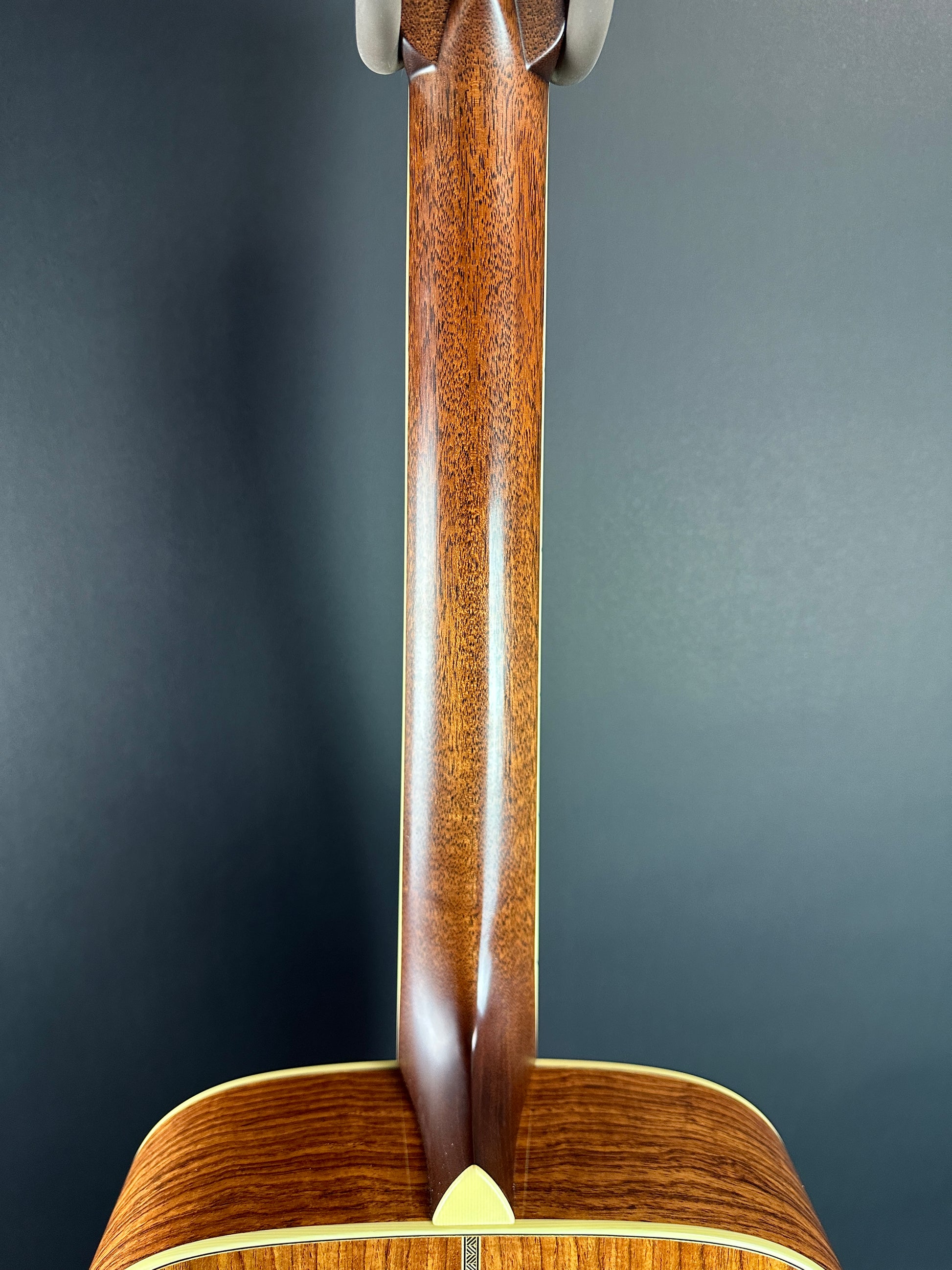 Back of neck of Used Bourgeois Panama Red OM Large Soundhole Aged Adirondack.