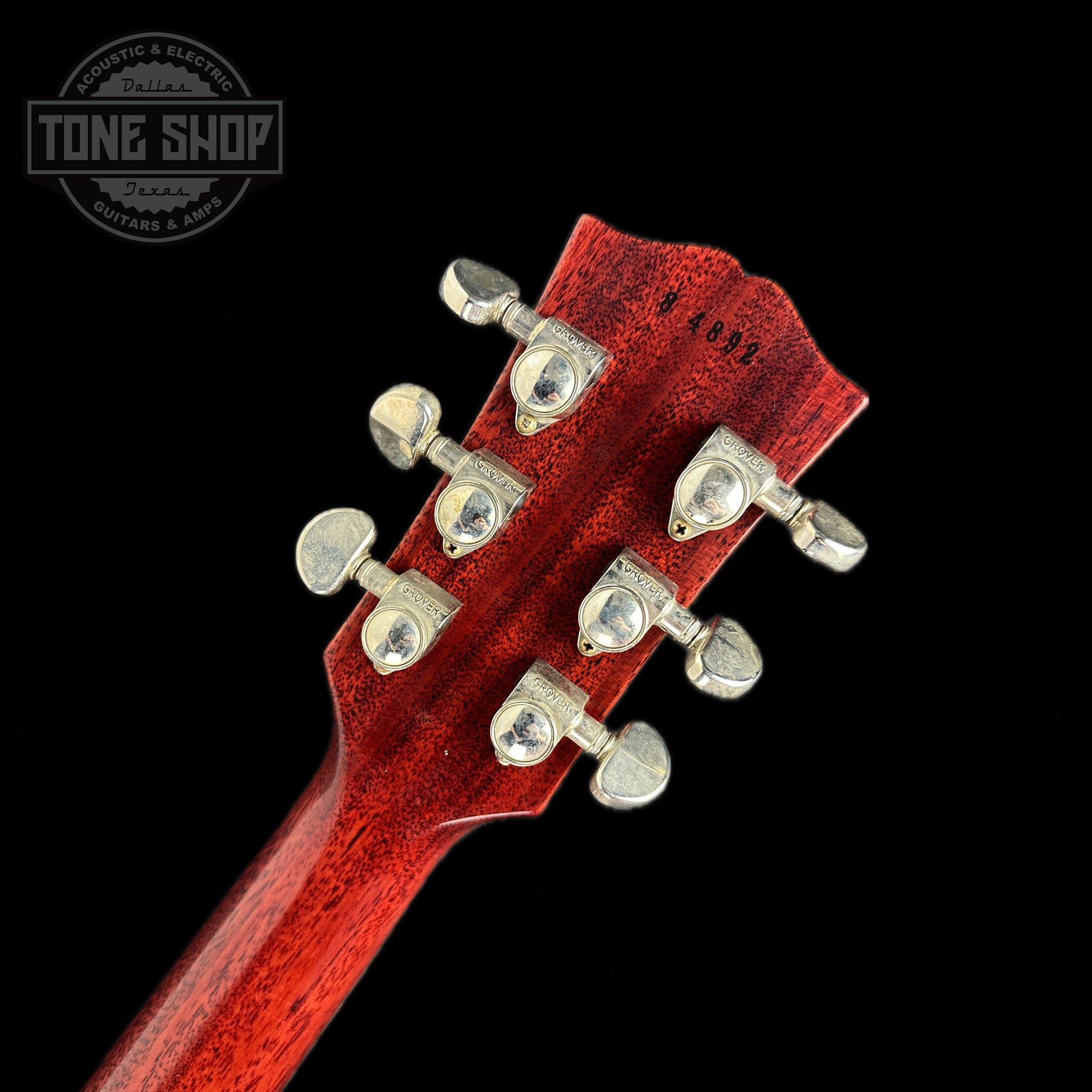 Back of headstock of Gibson Custom Shop Dealer's Choice 1958 Les Paul Standard Chambered Sweet Cherry Murphy Lab Ultra Light Aged.