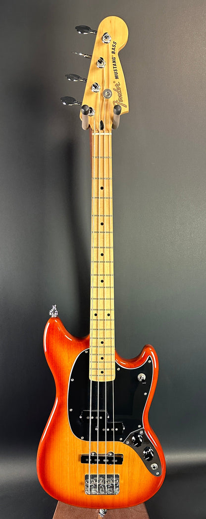 Full front of Used Fender Player Mustang Bass PJ Sienna Sunburst.