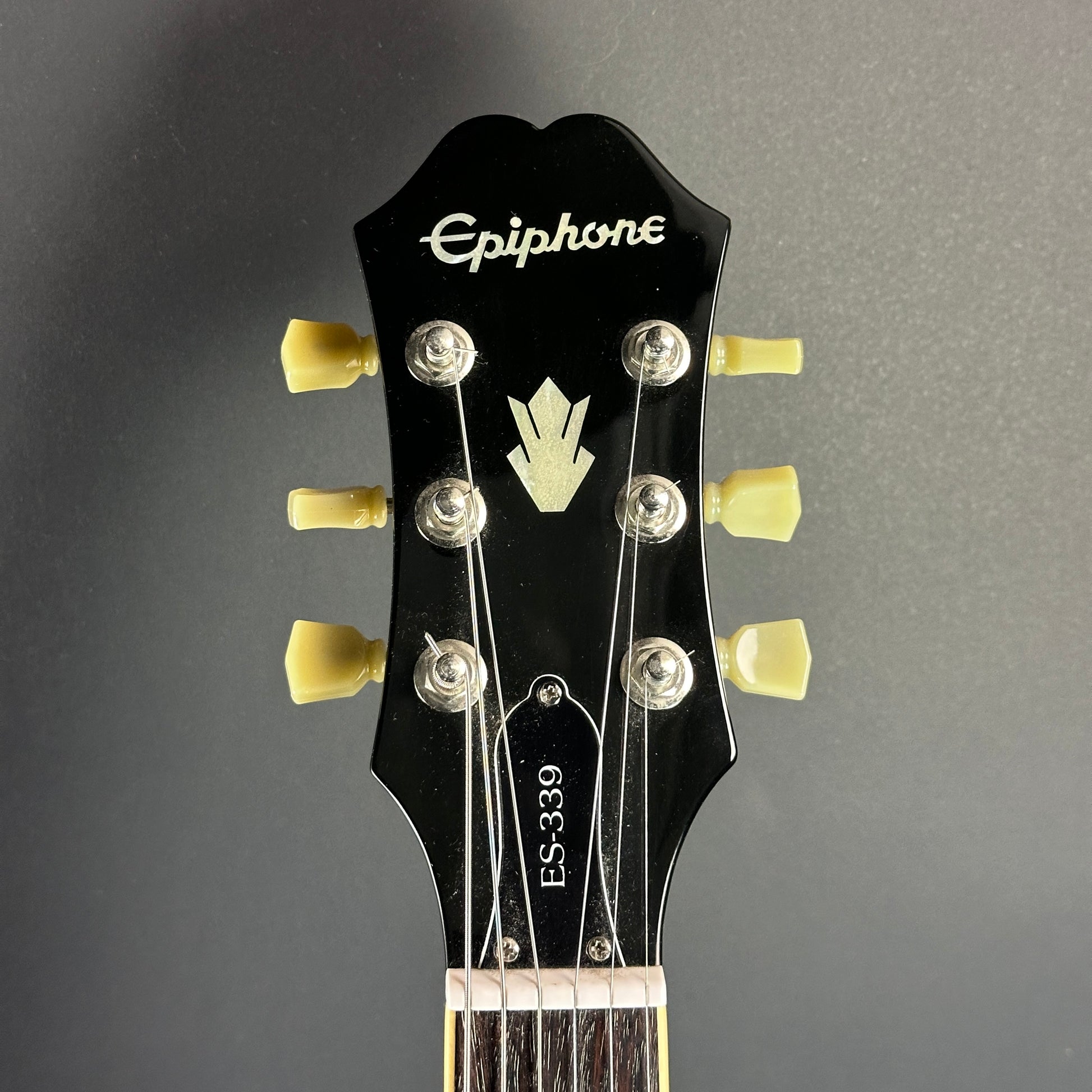 Front of headstock of Used Epiphone Dot ES-339 Burst.