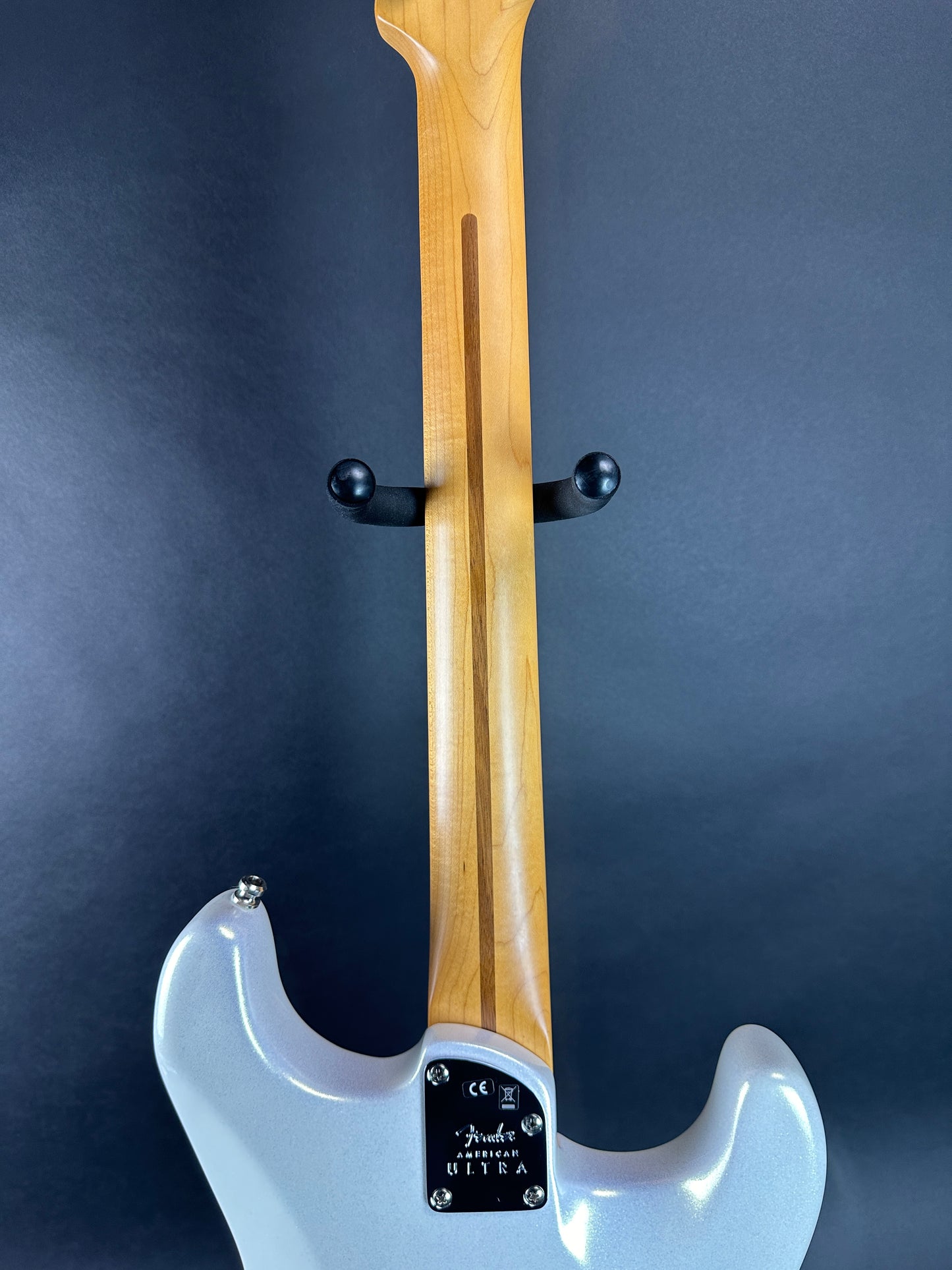 Back of neck of Used Fender American Ultra Stratocaster Left Hand Arctic Pearl.