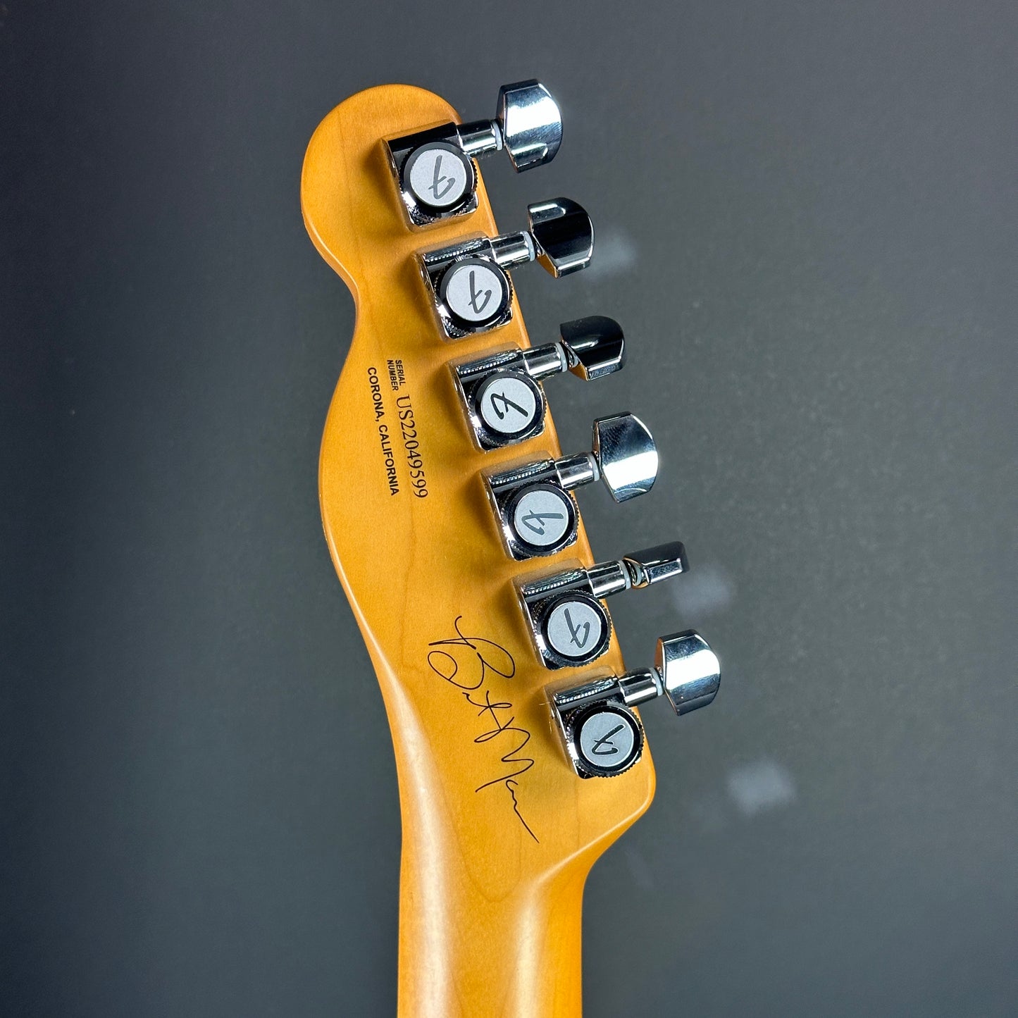 Back of headstock of Used Fender Brent Mason Telecaster Primer Gray.