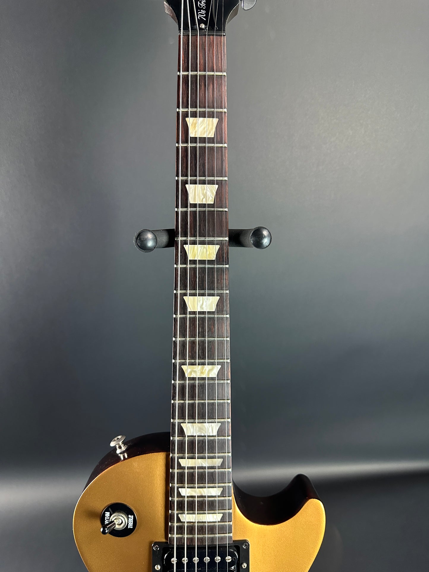 Fretboard of Used Gibson Les Paul 70's Tribute Gold Top.