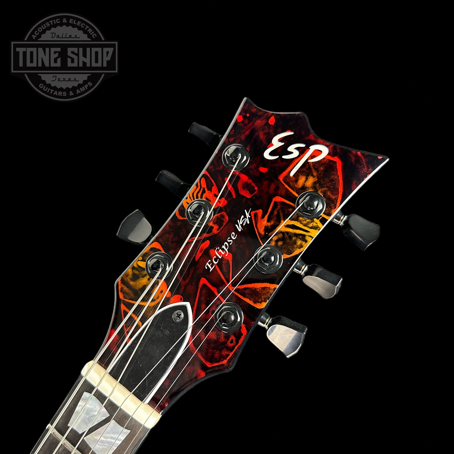 Front of headstock of ESP USA Eclipse Hellfire.