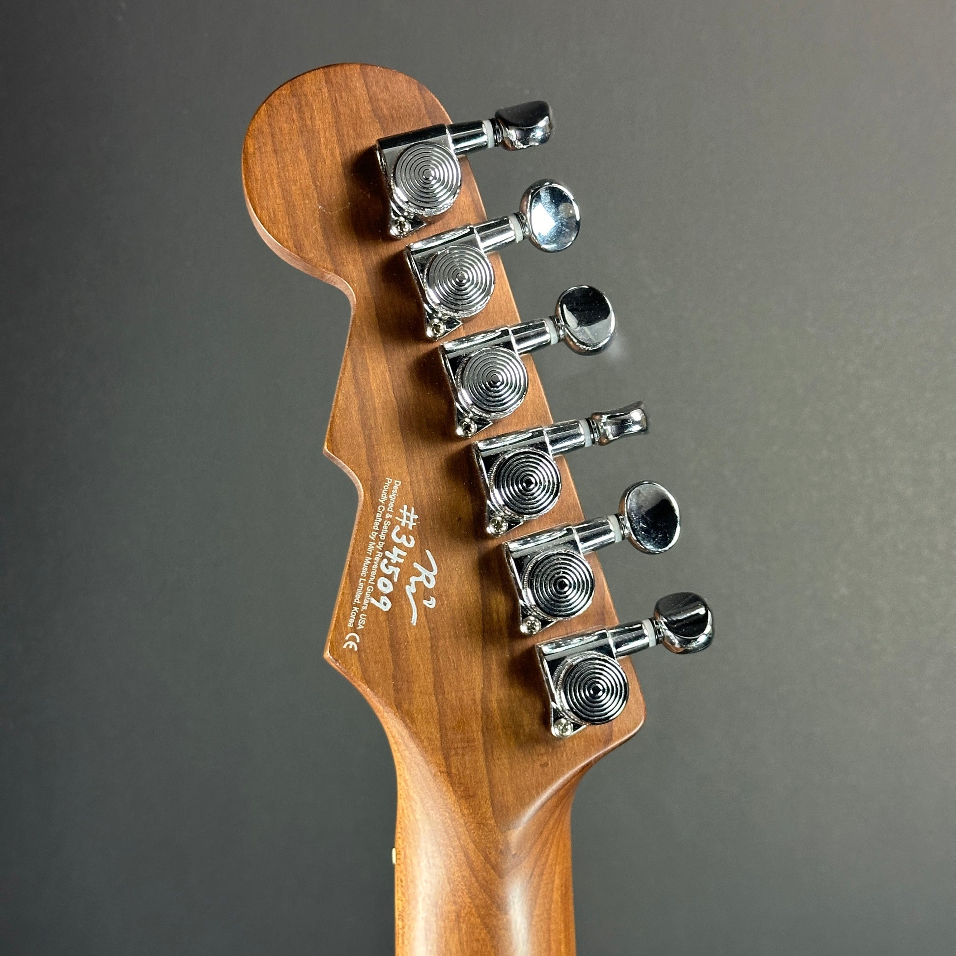 Back of headstock of Used Reverend Kingbolt RA Natural Flame Maple.