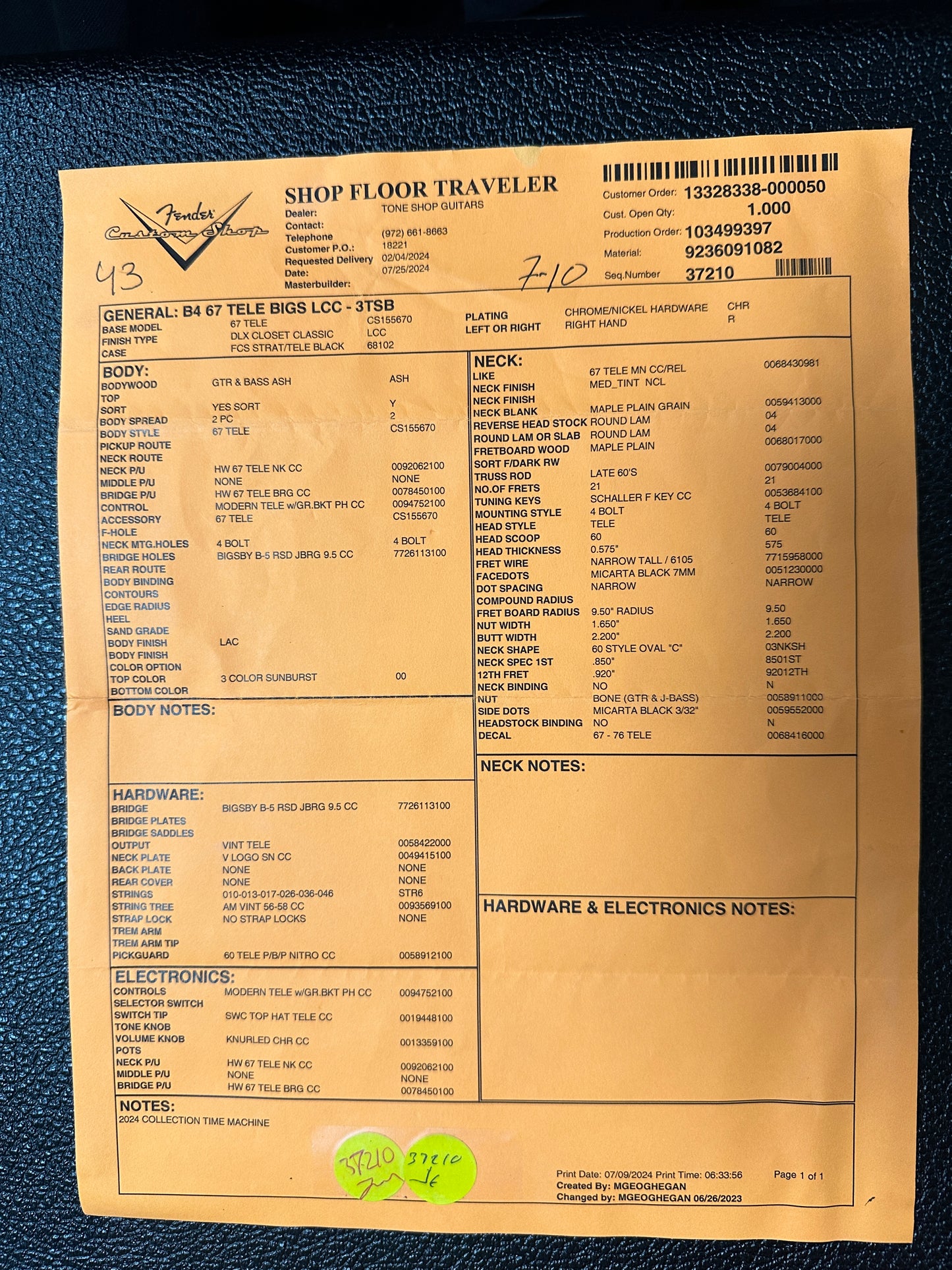 Spec sheet for Fender Custom Shop Time Machine '67 Tele Dlx Closet Classic 3 Color Sunburst.