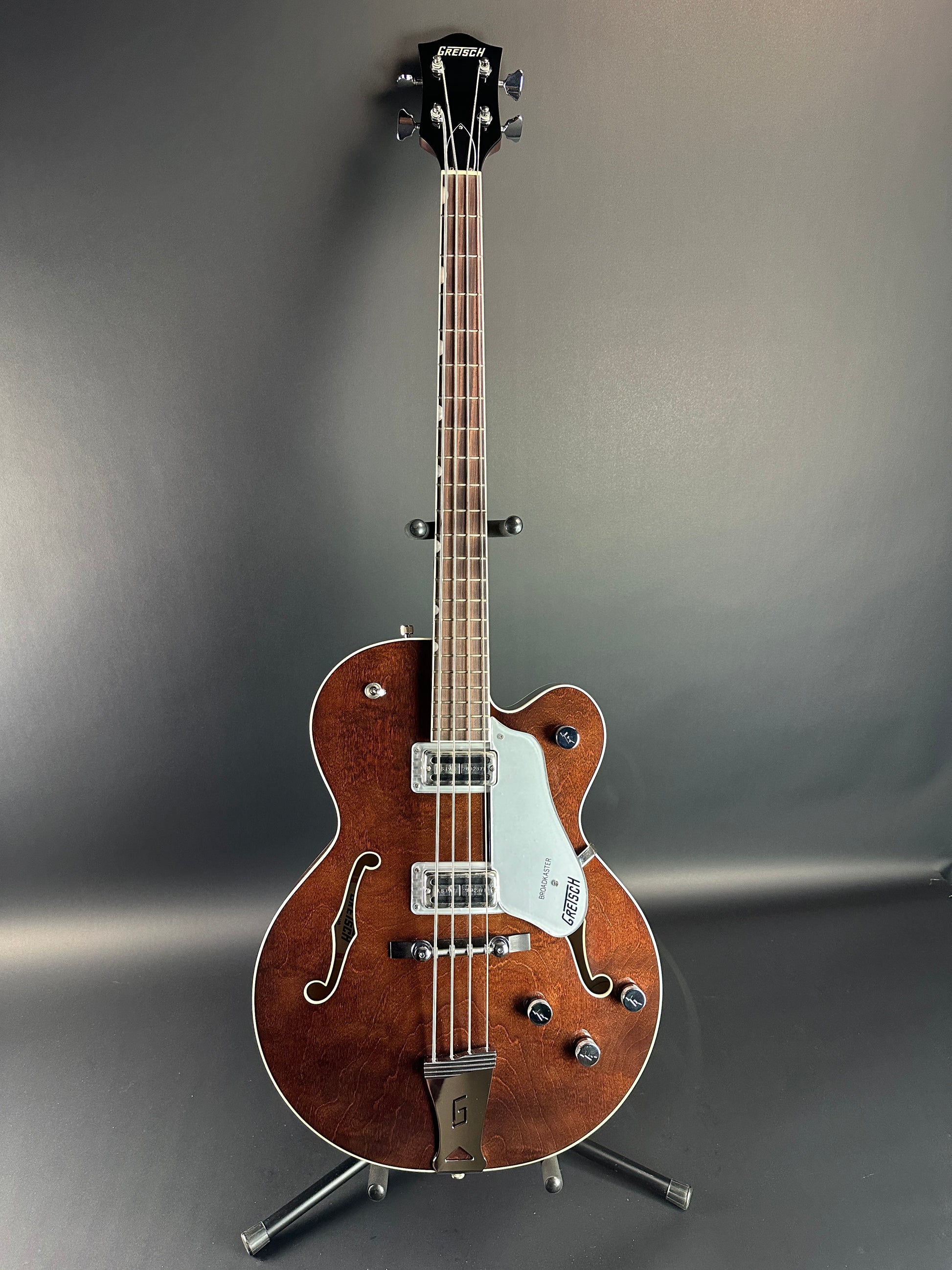 Full front of Used Gretsch G6119B Walnut Broadcaster Bass.