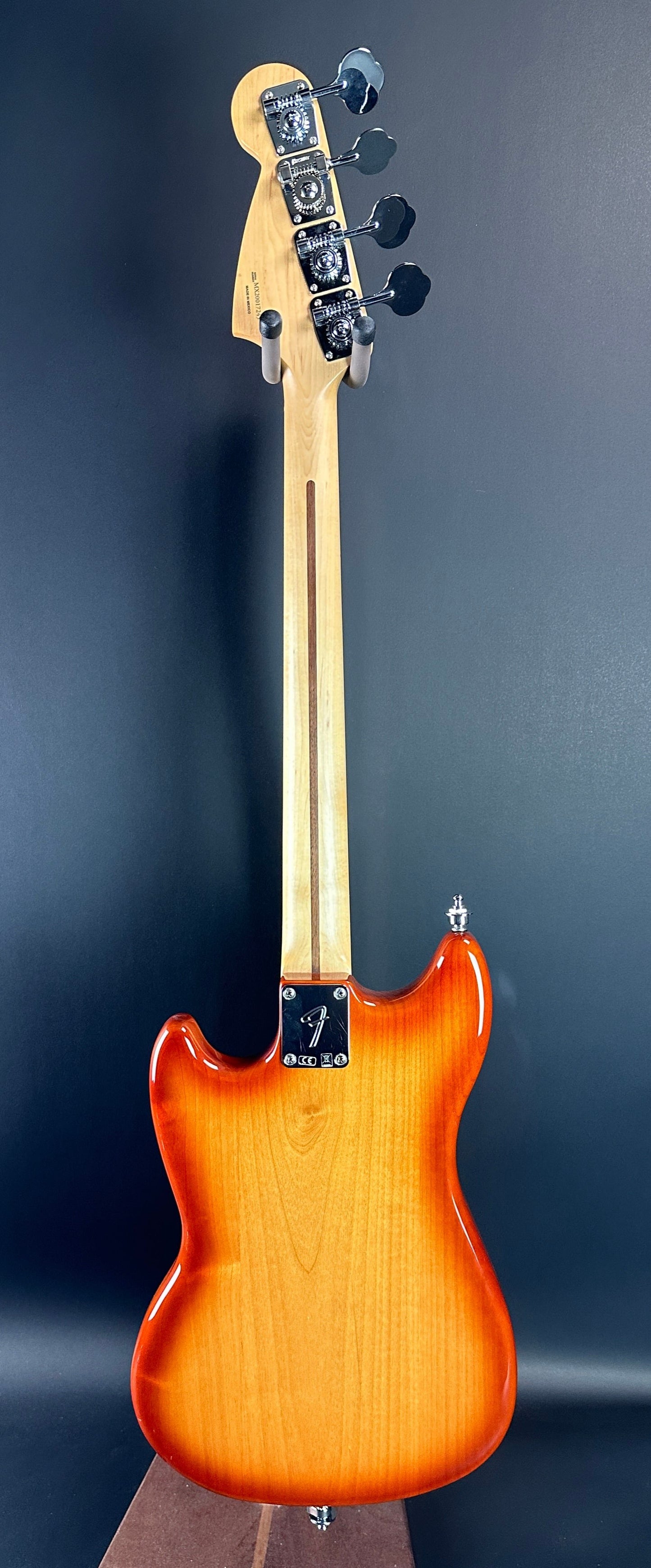 Full back of Used Fender Player Mustang Bass PJ Sienna Sunburst.