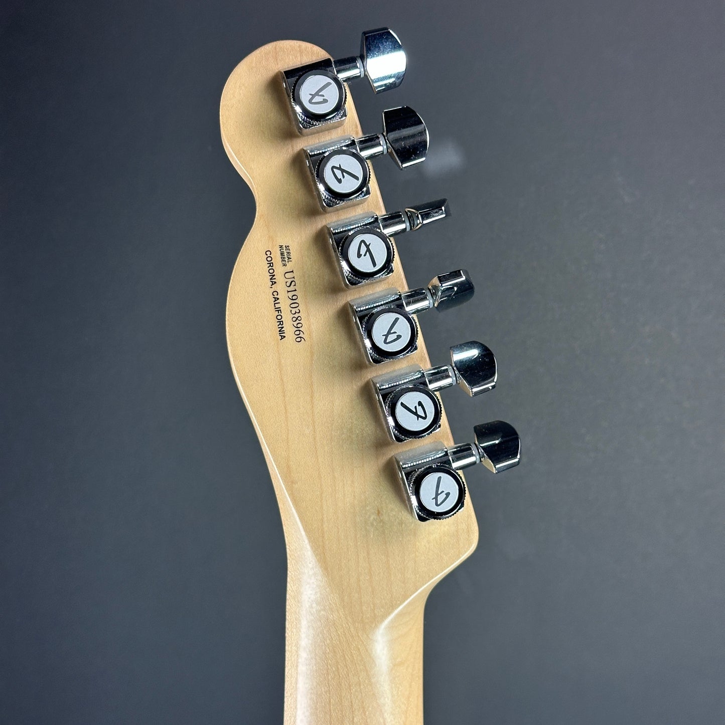 Back of headstock of Used Fender American Performer Telecaster 3-Color Sunburst.