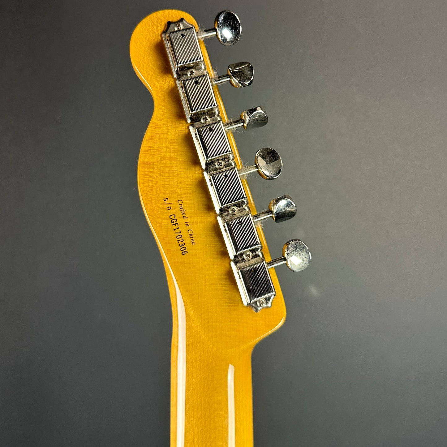 Back of headstock of Used Fender Modern Player Tele Plus.