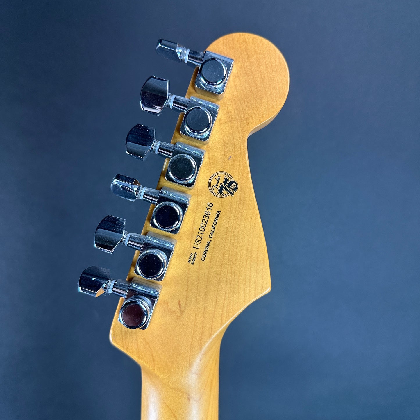 Back of headstock of Used Fender American Ultra Stratocaster Left Hand Ultraburst.