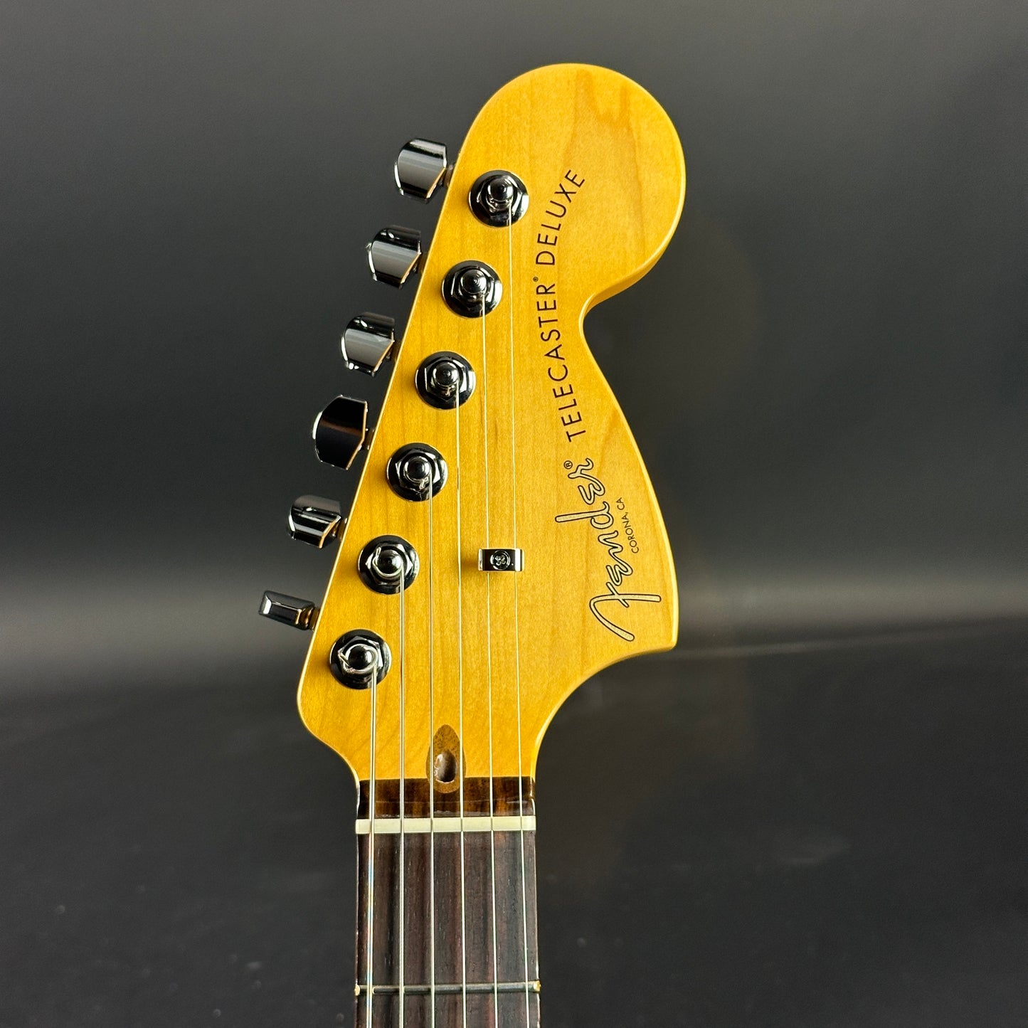 Front of headstock of Used Fender American Pro II Telecaster Deluxe Dark Night.