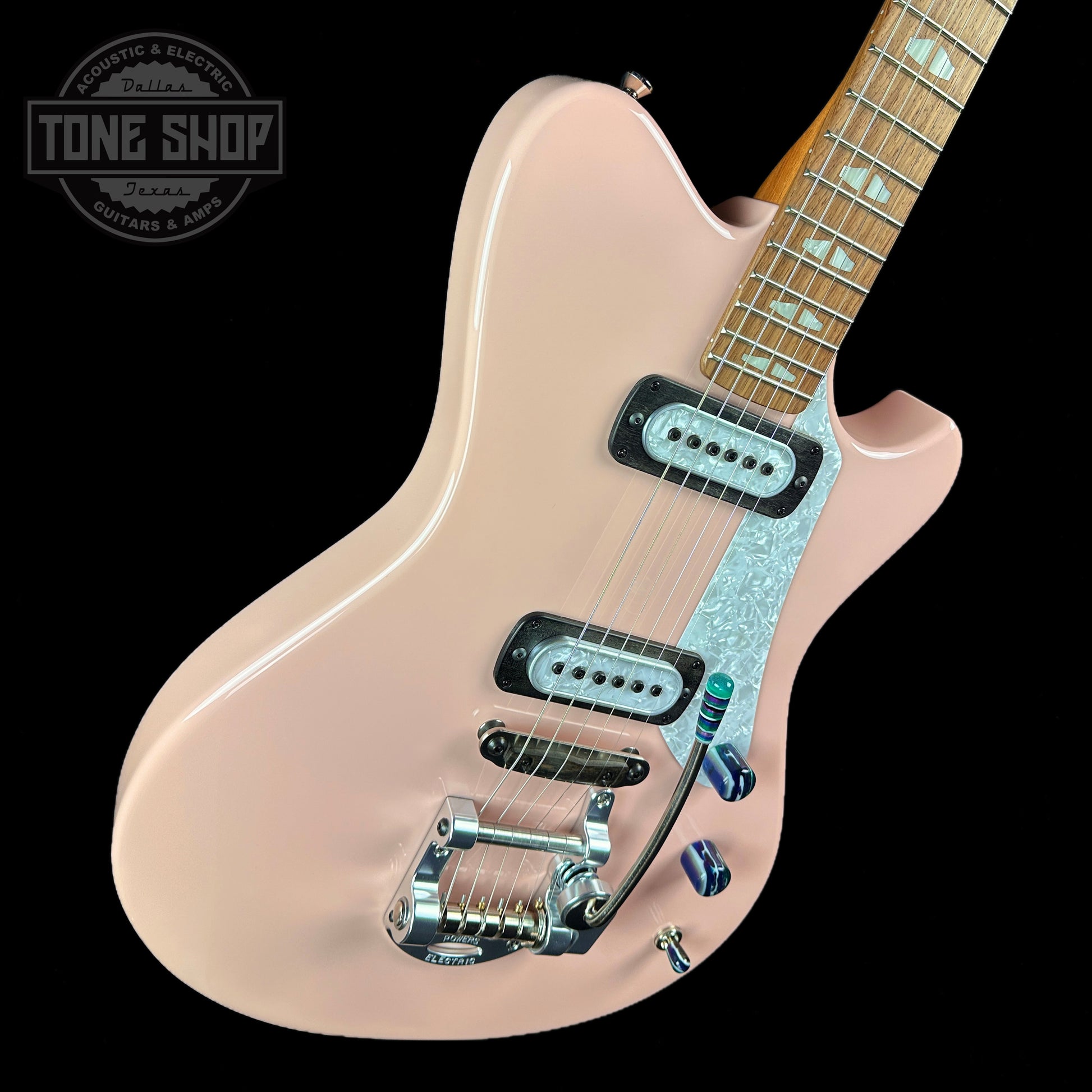 Front angle of Powers Electric A-Type Cochon PInk PF42 Pearl Ebony Cool CamTail.