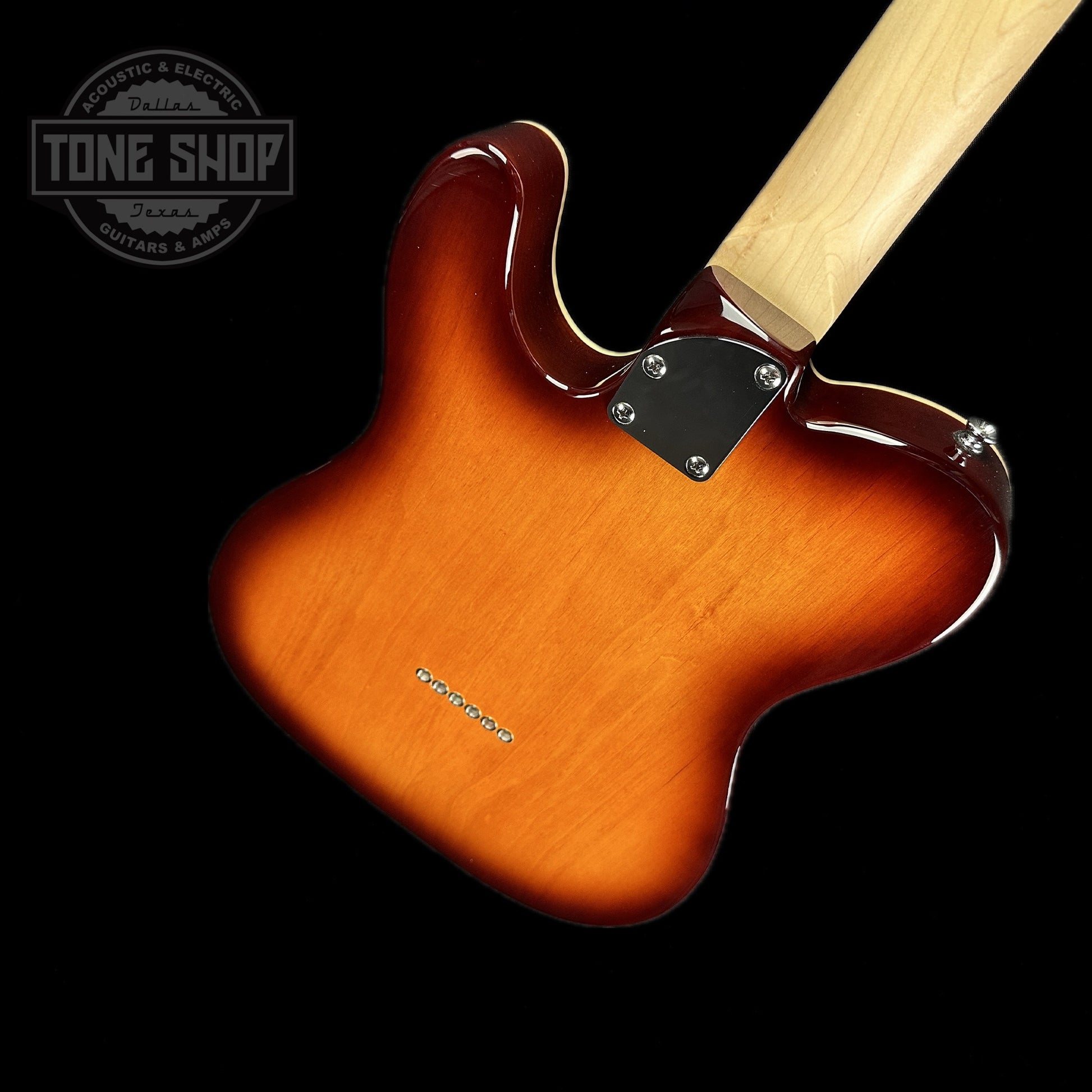 Back angle of Used Vintage V72 Thin Line Custom Spec Deluxe Flame Tobacco Burst.