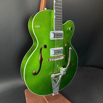 Front angle of Used Gretsch G6120T Brian Setzer Signature Hot Rod Extreme Coolant Green.