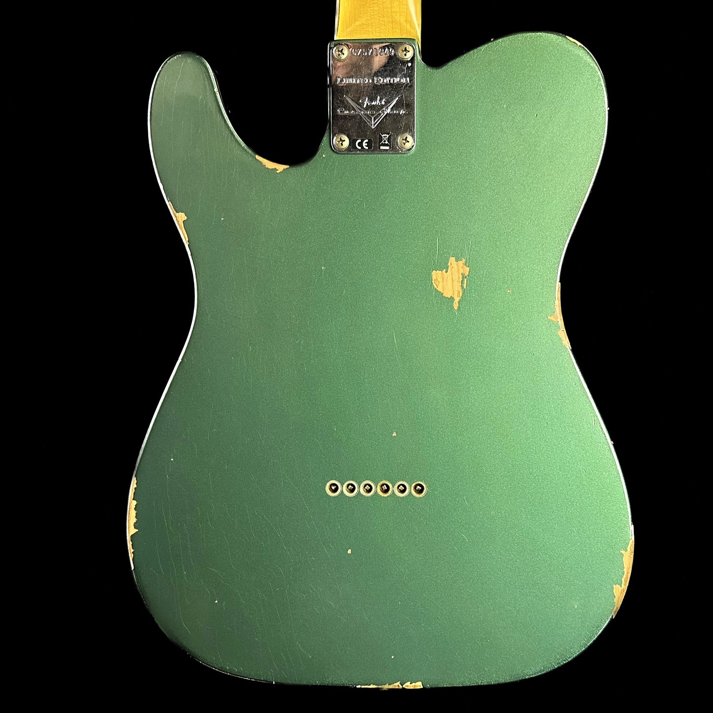 Back of Fender Custom Shop Limited Edition '64 Tele Relic Aged Sherwood Green Metallic.