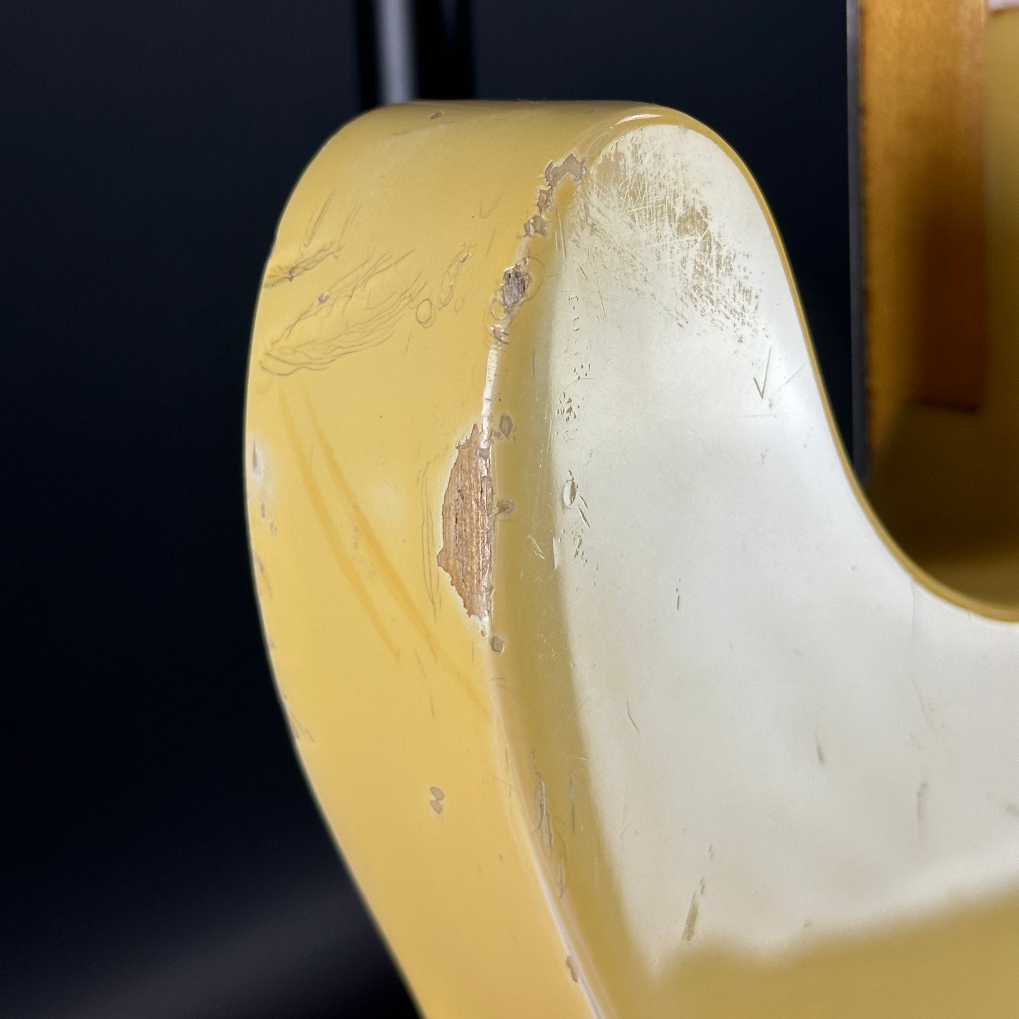 Damage on back of upper horn of Vintage 1968 Fender Telecaster Vintage White.