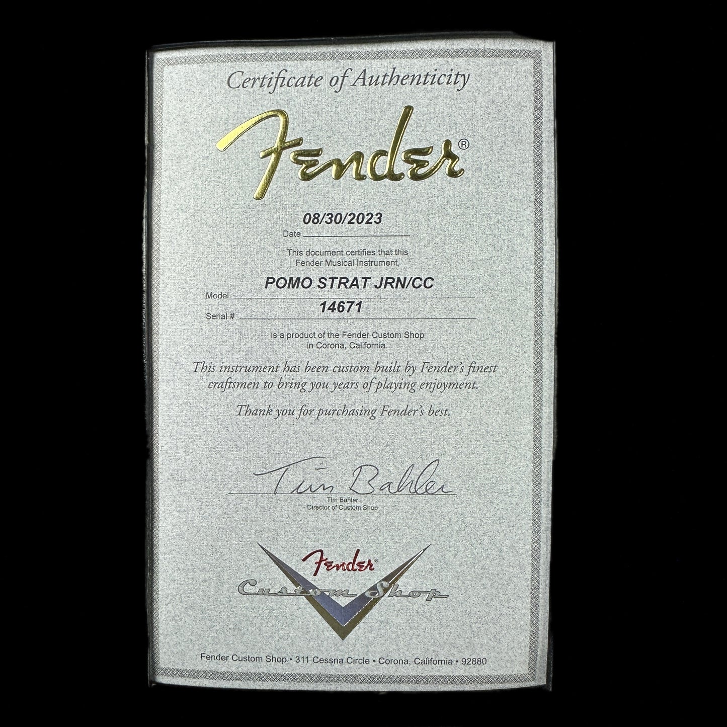 Certificate of authenticity for Fender Custom Shop Postmodern Strat RW Journeyman Relic w/Closet Classic Hardware Aged Black.