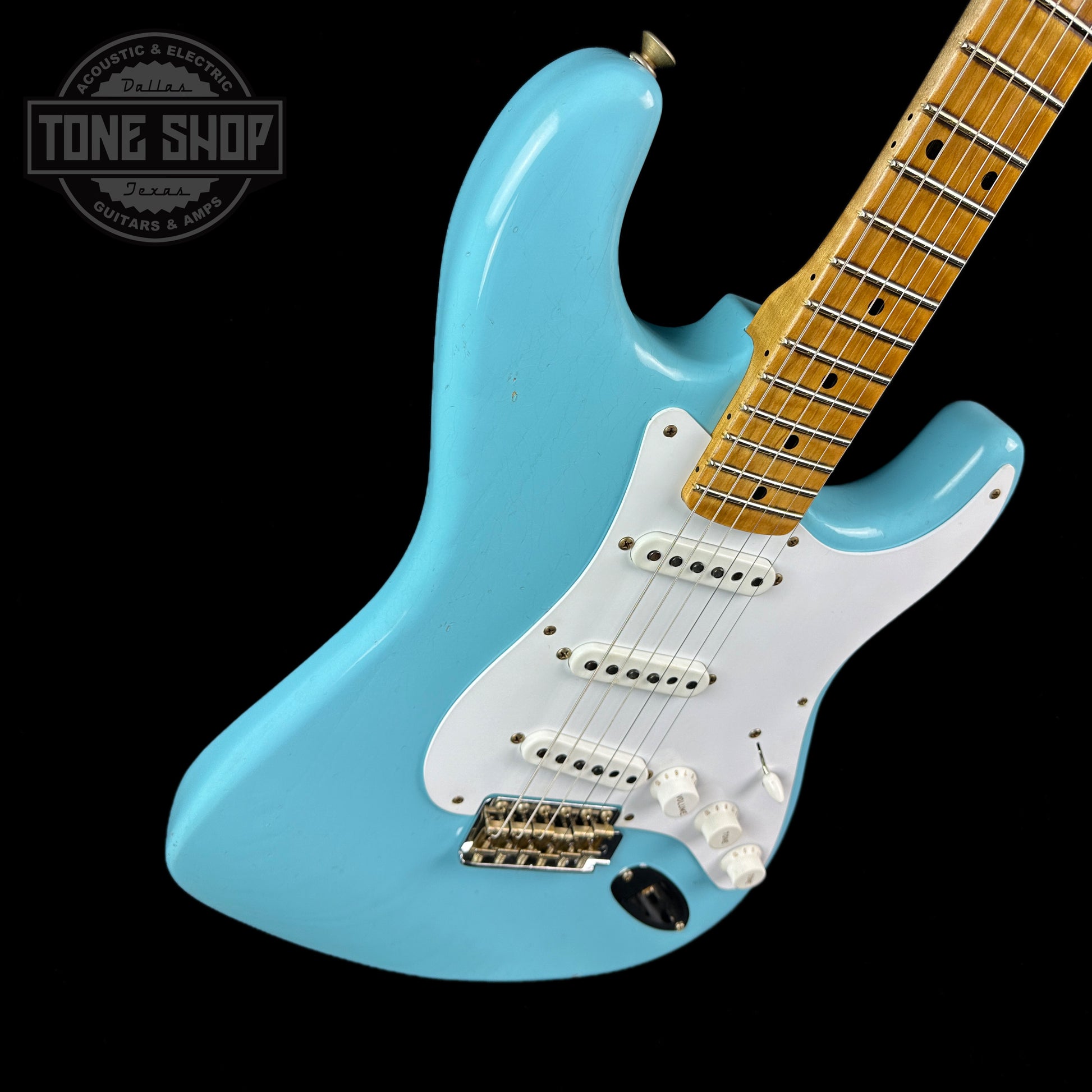 Front angle of Fender Custom Shop LTD 70th Anniversary 1954 Stratocaster Daphne Blue.