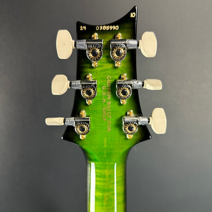 Back of headstock of PRS Wood Library Hollowbody II Piezo 10-top Eriza Verde Smokeburst.