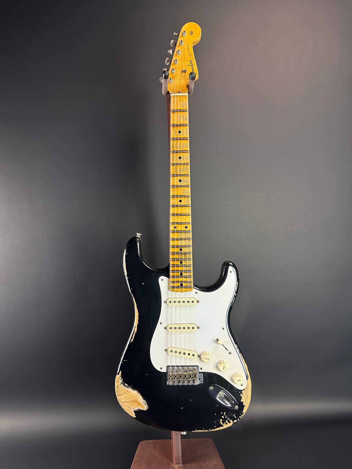 Full front of Used Fender Custom Shop '57 Stratocaster Relic Black.