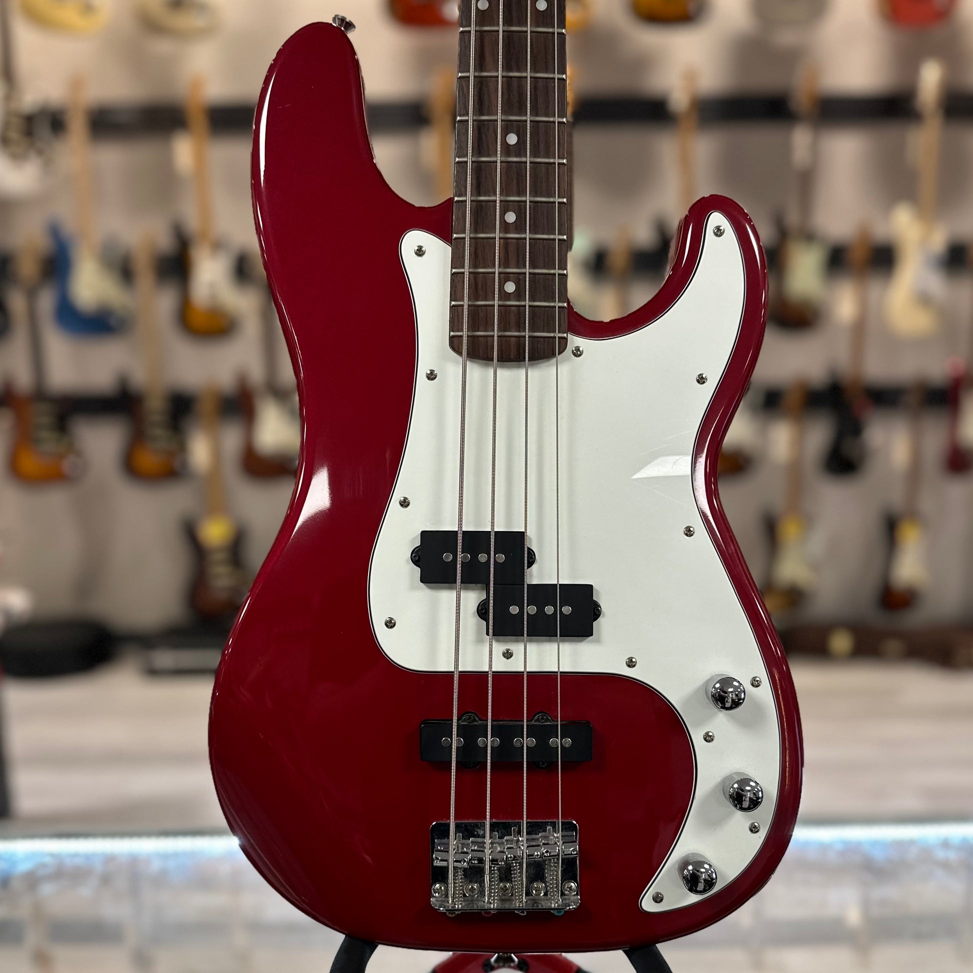 Front of Used Squier Affinity PJ Bass Candy Apple Red TSS4323