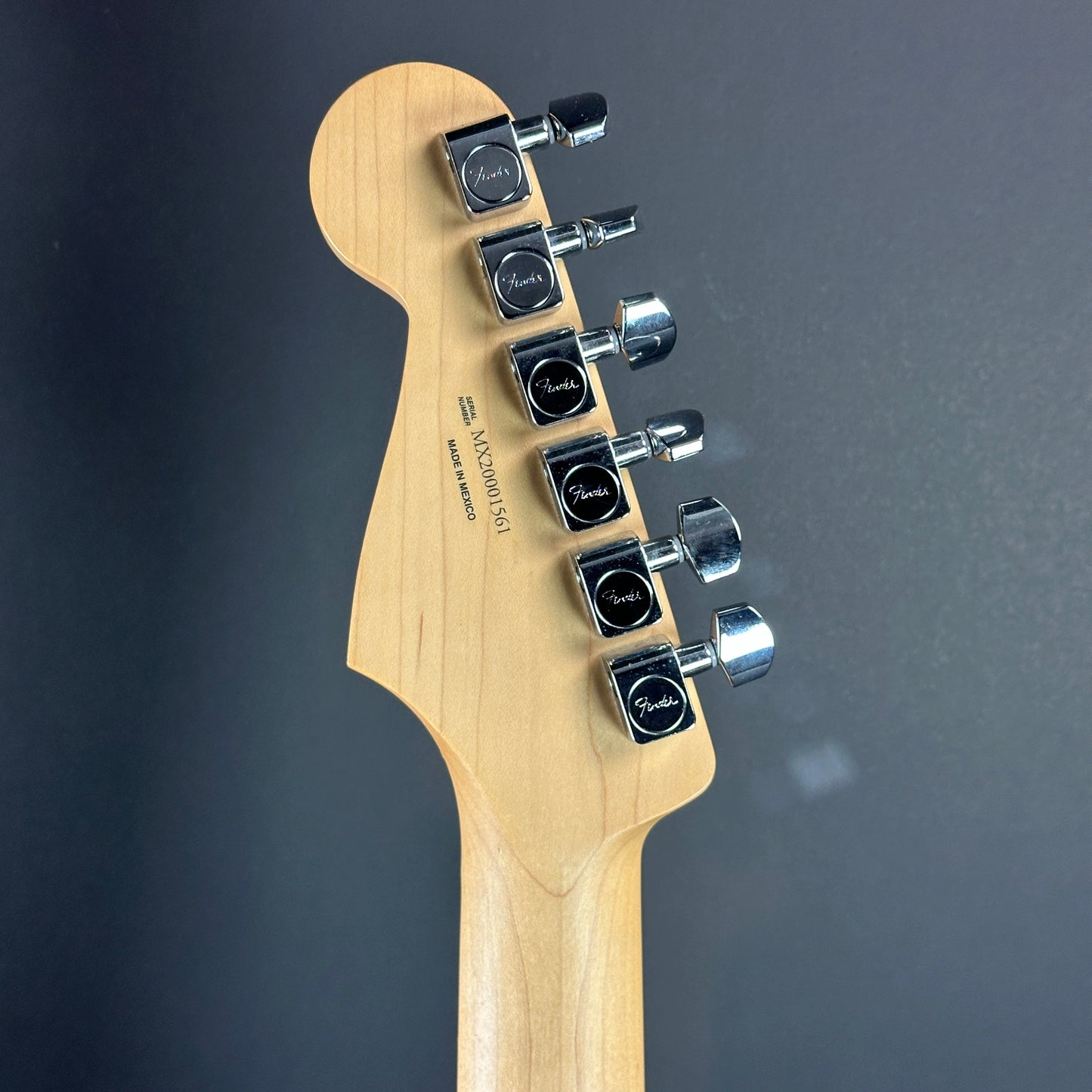 Back of headstock of Used Fender Limited Edition Player Strat HSS Sienna Burst.