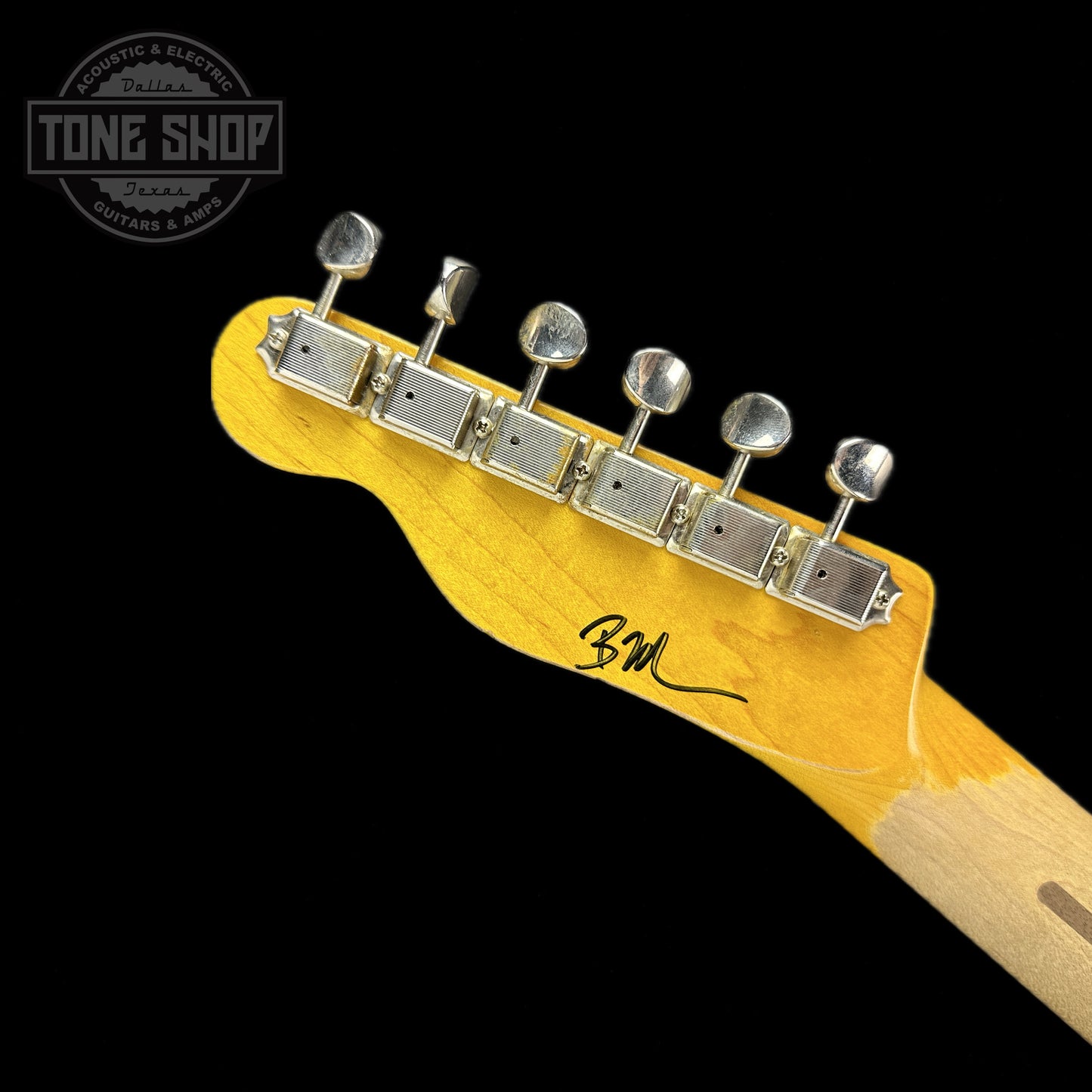 Back of headstock of Used Nash T-57 Surf Green.