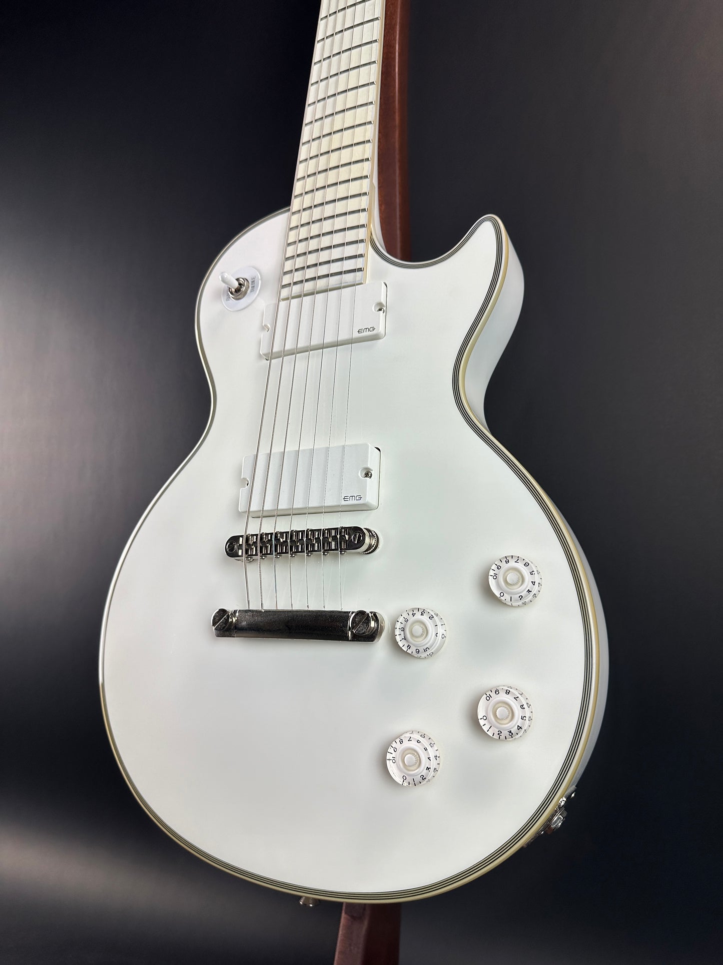 Front angle of Used Epiphone Matt Heafy "Snofall" Les Paul Custom White.