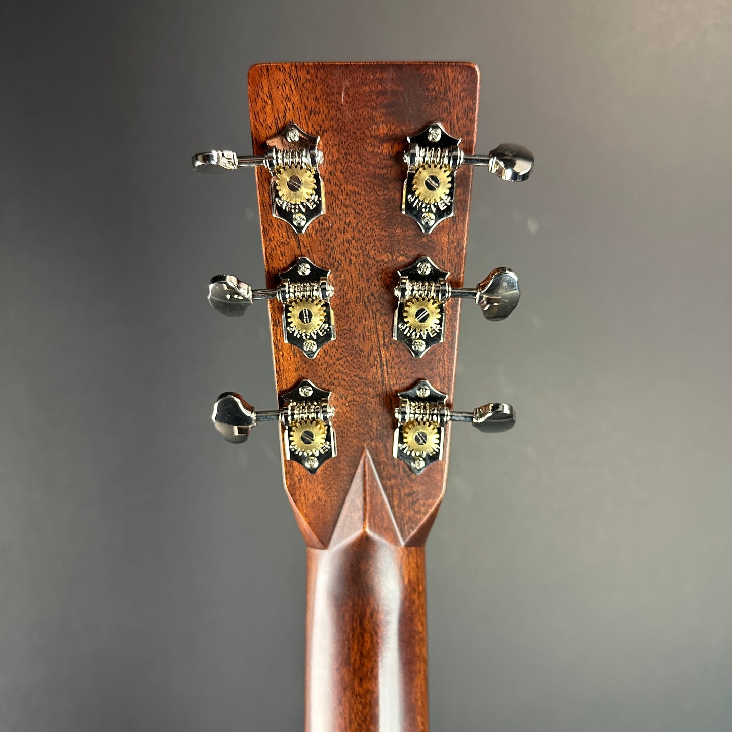 Back of headstock of Used Martin D-28 Sunburst.