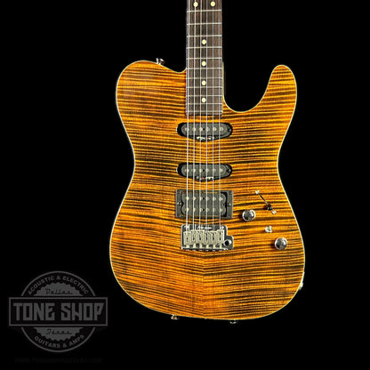 Front of body of Used Tom Anderson Hollow T Drop Top Tiger Eye.