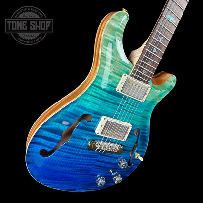 Front angle of PRS Wood Library Hollowbody II Piezo 10-top Blue Fade Maple Neck.