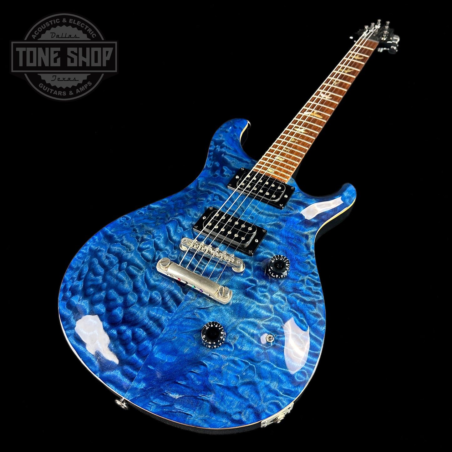 Front angle of Used 1989 PRS Custom 24 10-Top Whale Blue Refin.