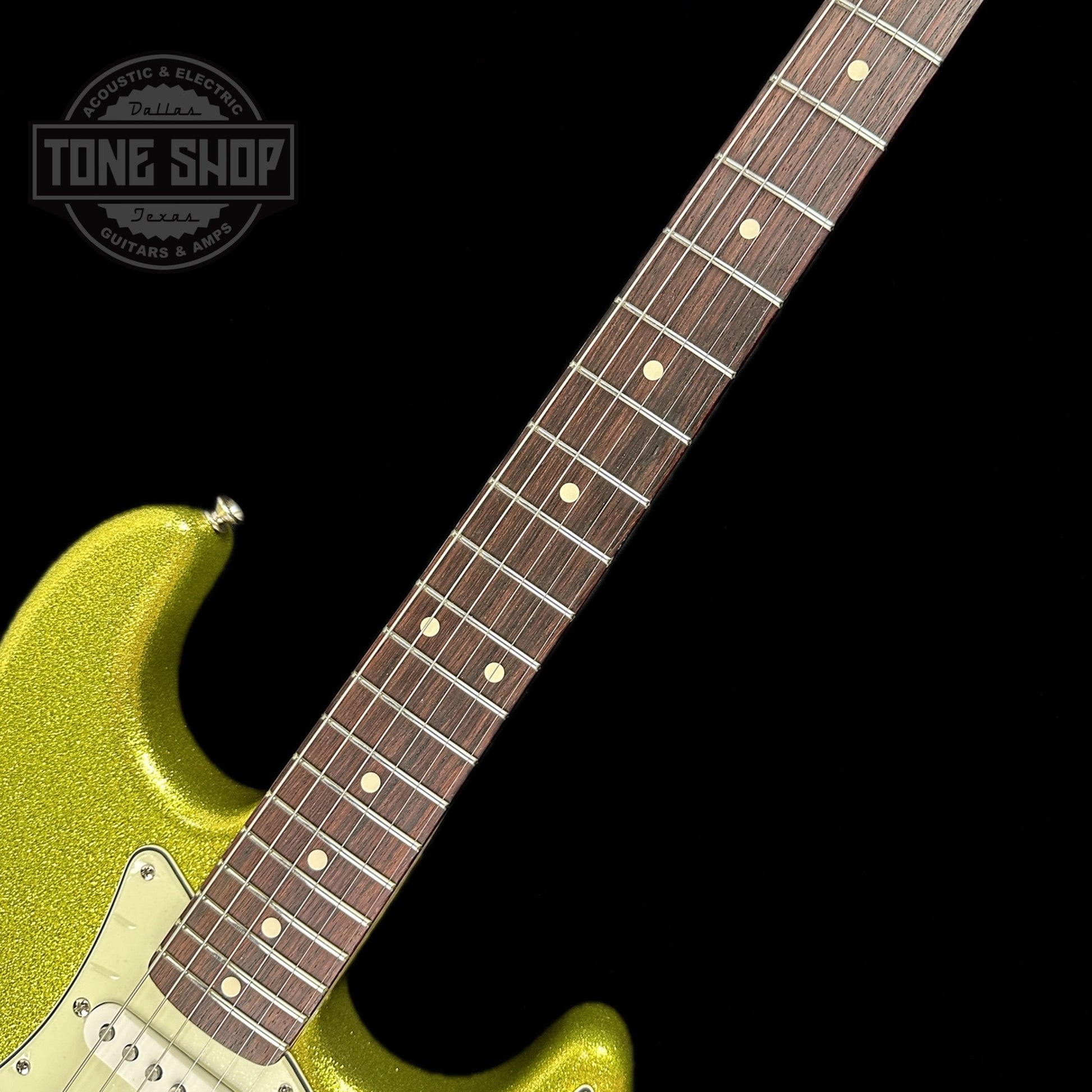 Fretboard of Used Fender Custom Shop Dick Dale Strat.