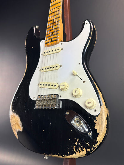 Front angle of Used Fender Custom Shop '57 Stratocaster Relic Black.