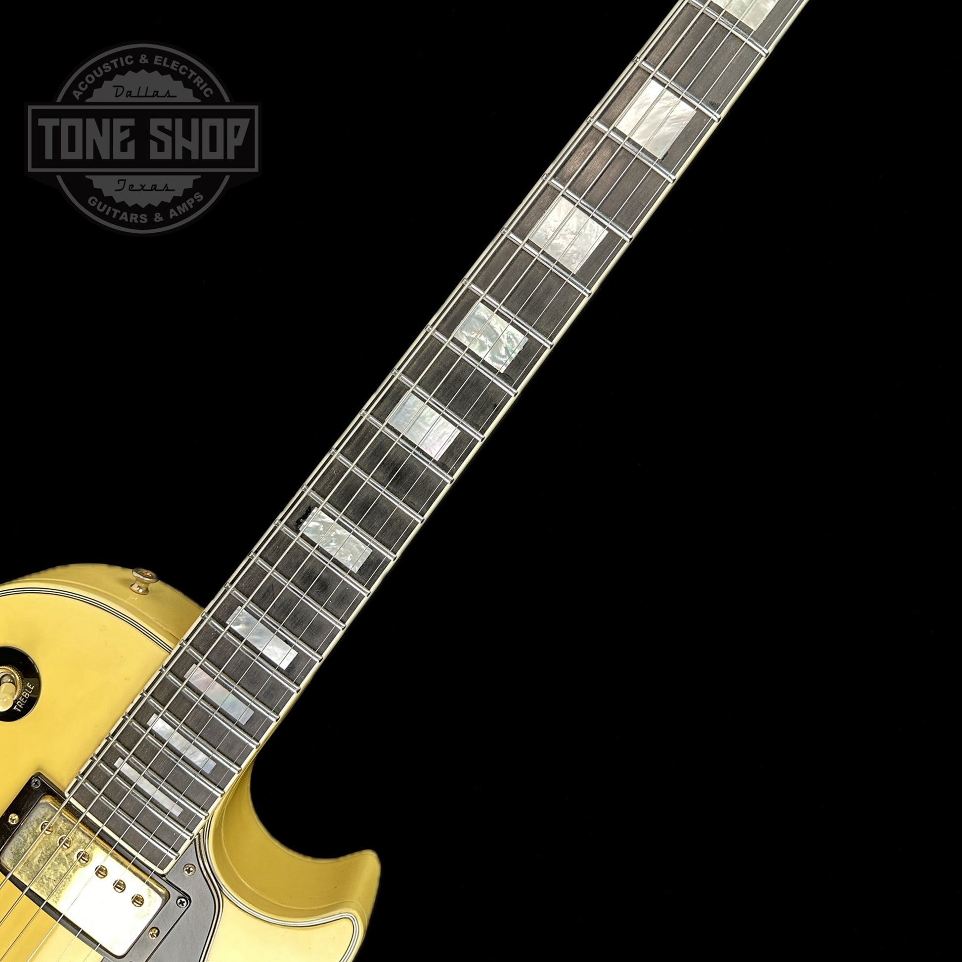 Fretboard of Vintage 1976 Gibson Les Paul Custom White.