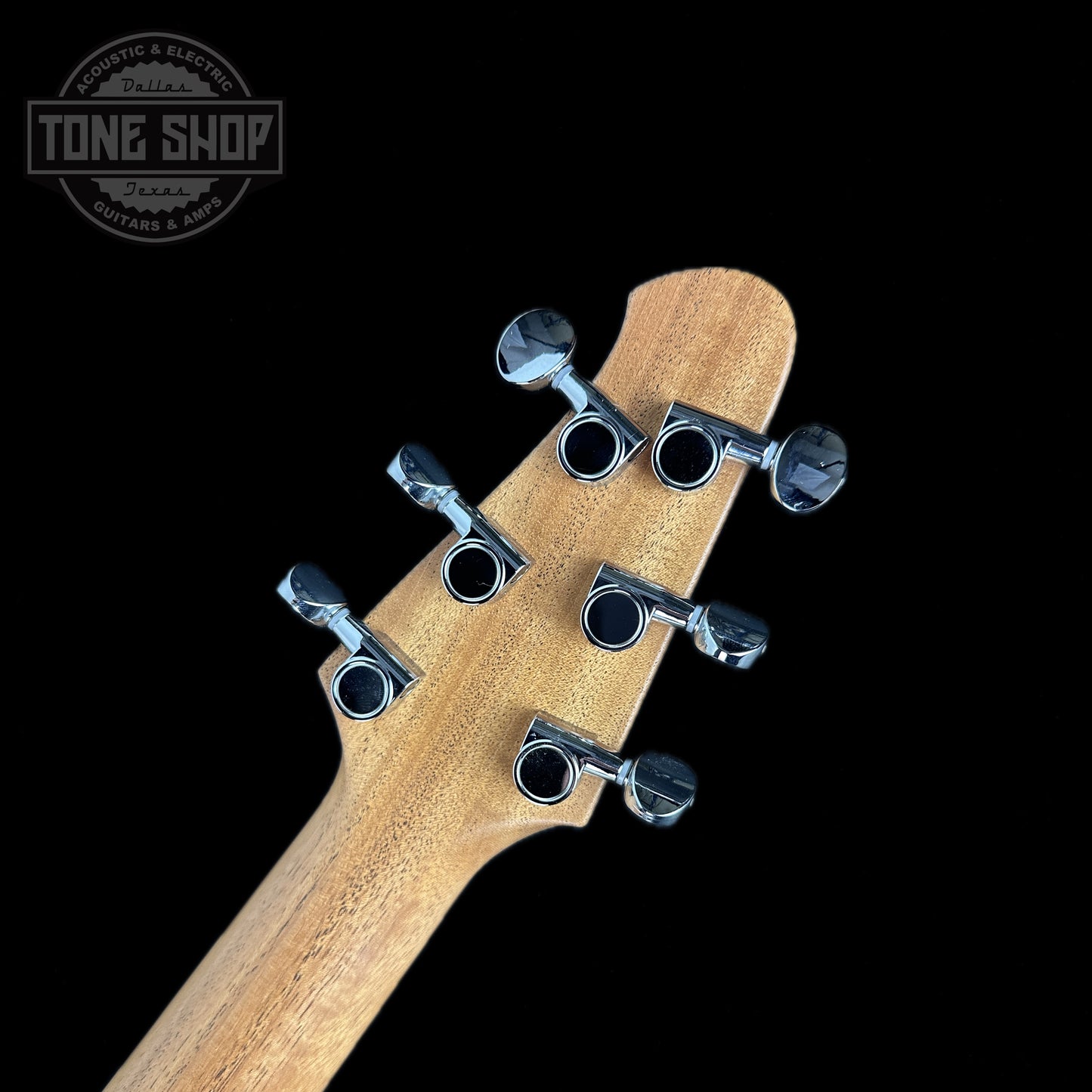 Back of headstock of Powers Electric A-Type Crayon Gray FF42 Pearl Ebony Cool CamTail.